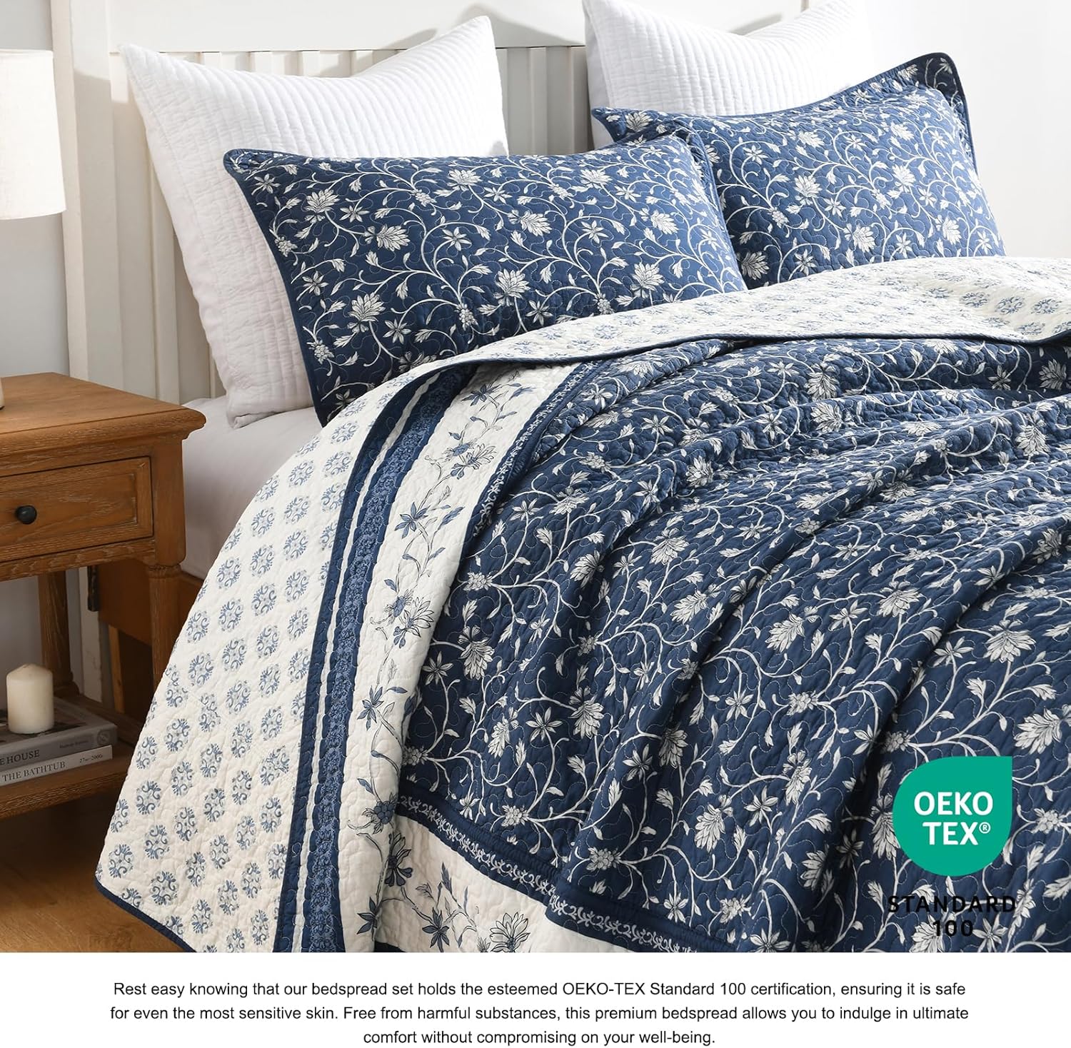 DDUOXIN Oversized King Bedspread 128"x120" - 100% Cotton Reversible California King Quilt with 2 Pillow Shams, Floral Botanical Bedspreads Coverlet Set, Navy/White/Gray, 3 Piece