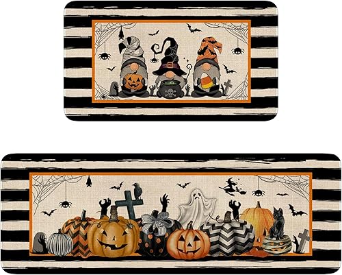 Miniatura 8 de Juego de 2 alfombras y tapetes de cocina negros de Halloween, espeluznante telaraña, fantasma, boo, tapete de cocina para piso, antideslizante,