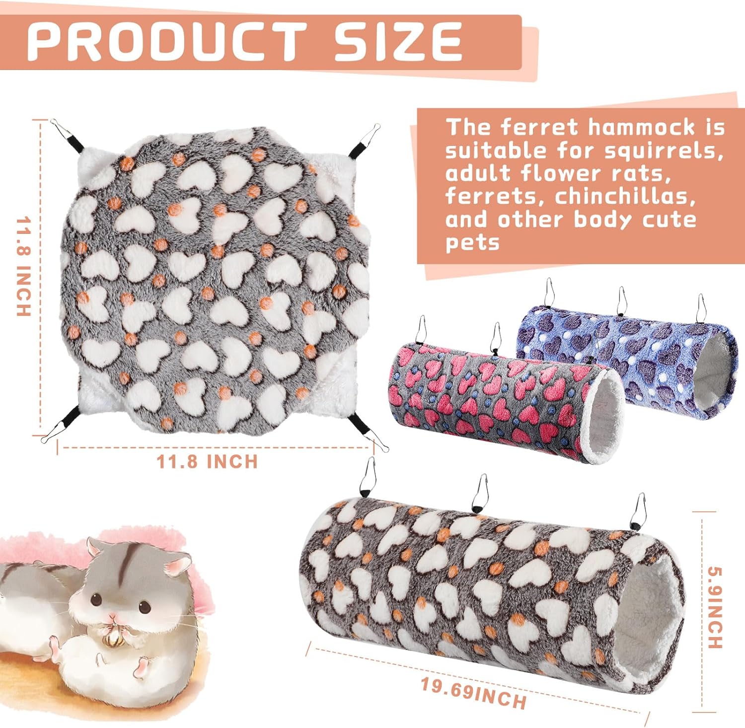 Sweetude 6 Pcs Rat Hammock Set Ferret Hanging Tunnel 3 Tier Guinea Pig Hammocks Hideout Soft Chinchilla Bed for Cage Accessories Hide,Play and Sleep(Cute,Heart) 1 81O2LnvBgXL. AC SL1500