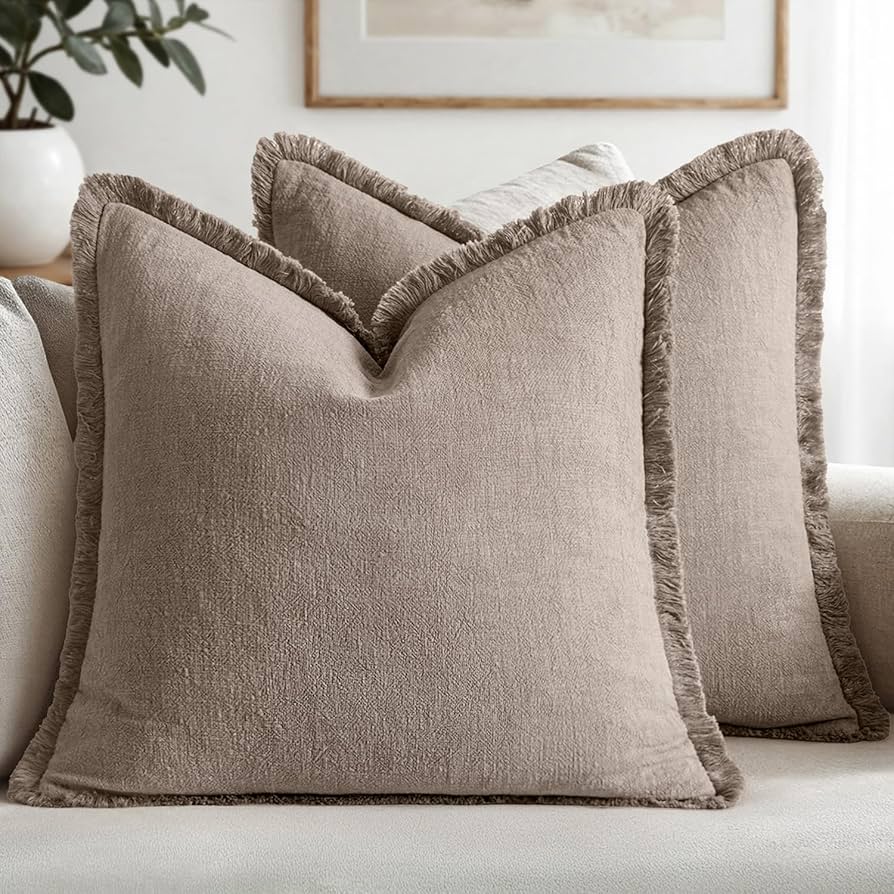 MIULEE Decorative Throw Pillow Covers Neutral Linen Fringe Throw Pillows Euro Shams Set of 2 Dune Boho Farmhouse Cushion Covers for Couch Sofa Bed Living Room Spring Home Decor 26x26 Inch