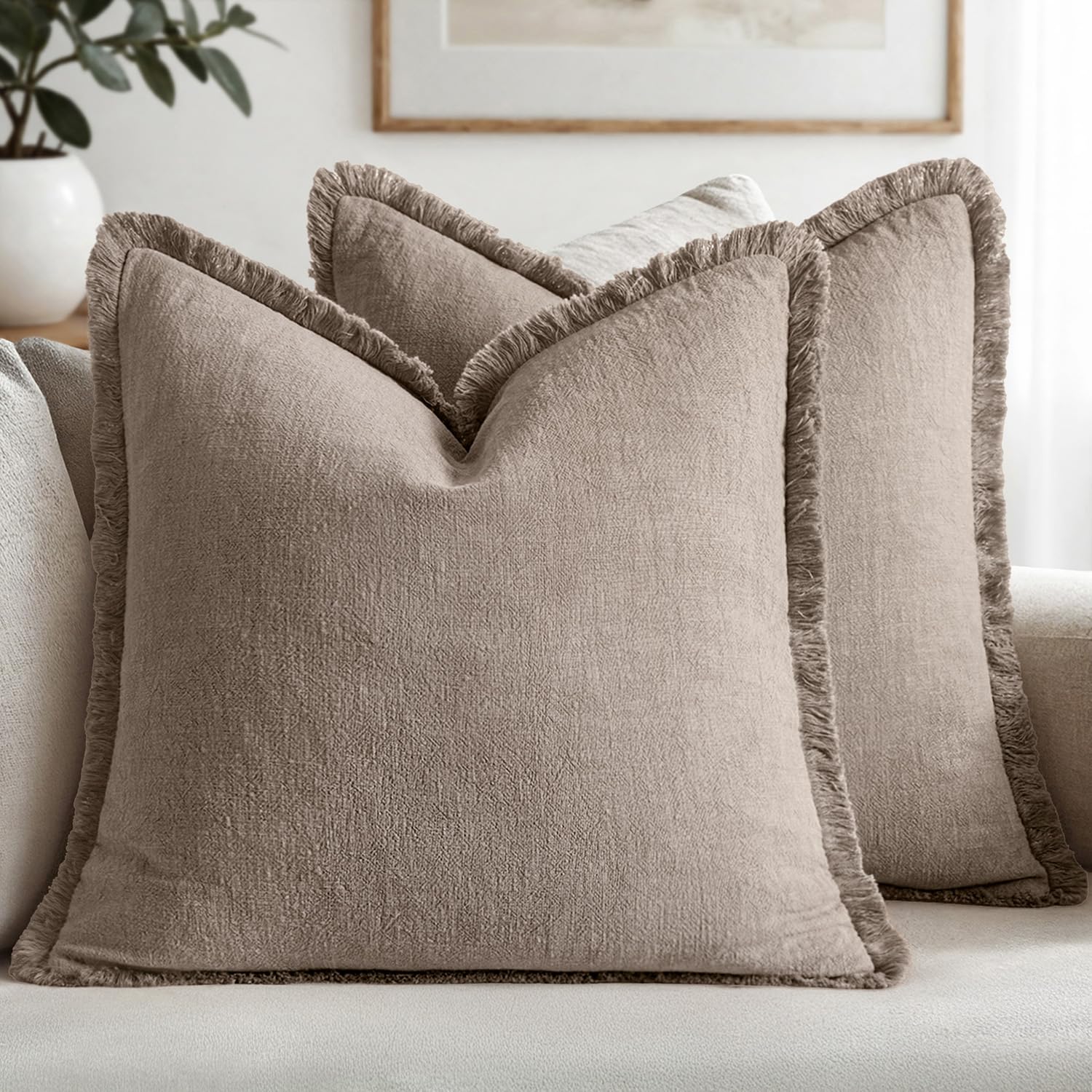 Photo 1 of MIULEE Decorative Throw Pillow Covers Neutral Linen Fringe Throw Pillows Set of 2 Dune Boho Farmhouse Cushion Covers with Tassels for Couch Sofa Bed Living Room Spring Decor 20x20 Inch