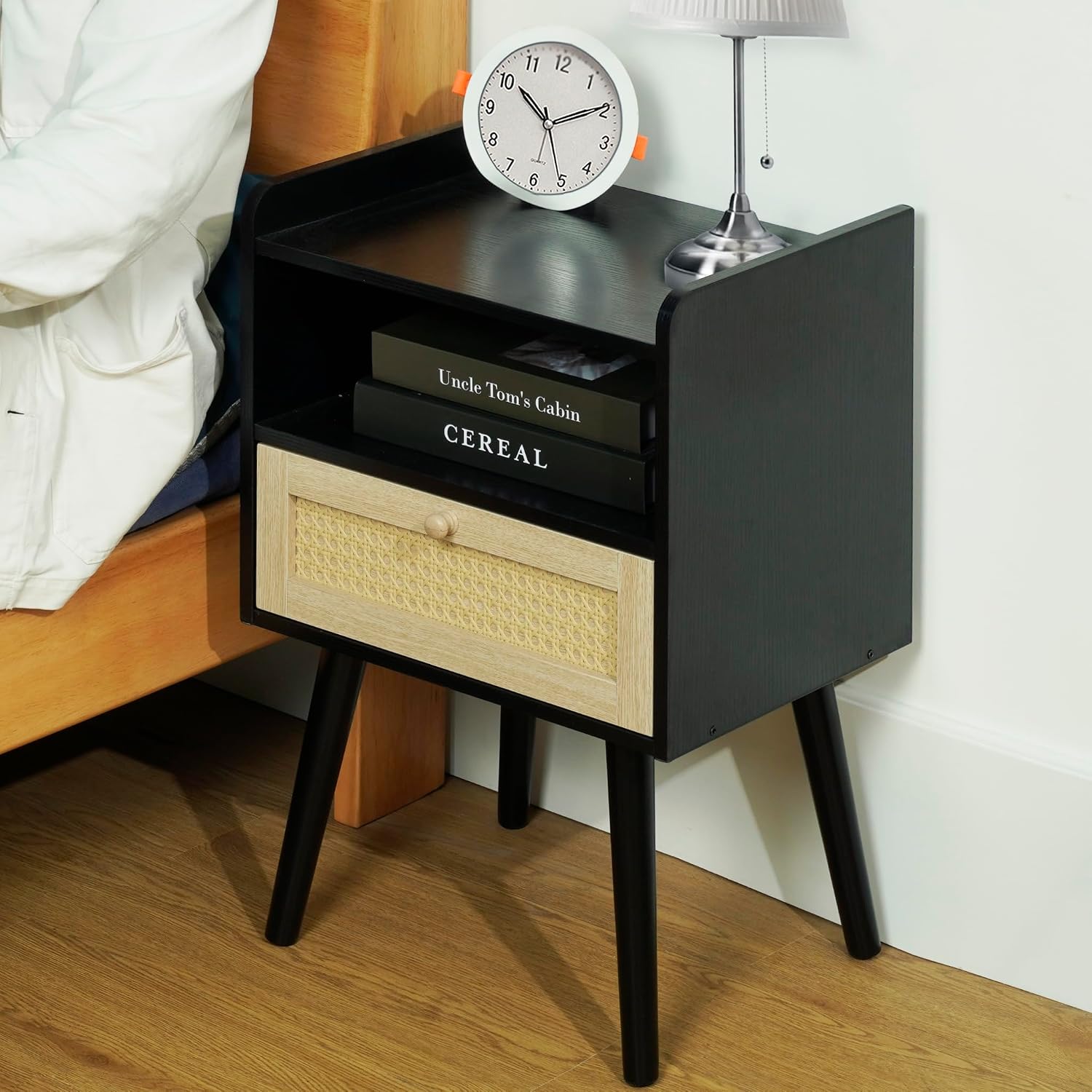 Nightstand Rattan Modern Night Stand Wood Nightstands Bedside Table, Bed Side Table with Drawers Solid Wood Legs, Open Storage Shelf Mid Century End Tables for Bedroom, Living Room, Small Space, Black