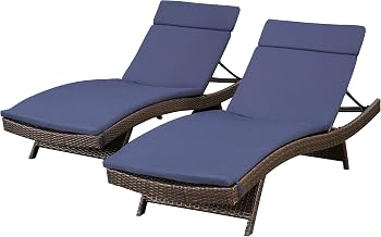 Christopher Knight Home Salem Outdoor Wicker Adjustable Chaise Lounge with Colored Cushions, 2-Pcs Set, Multibrown And Navy Blue