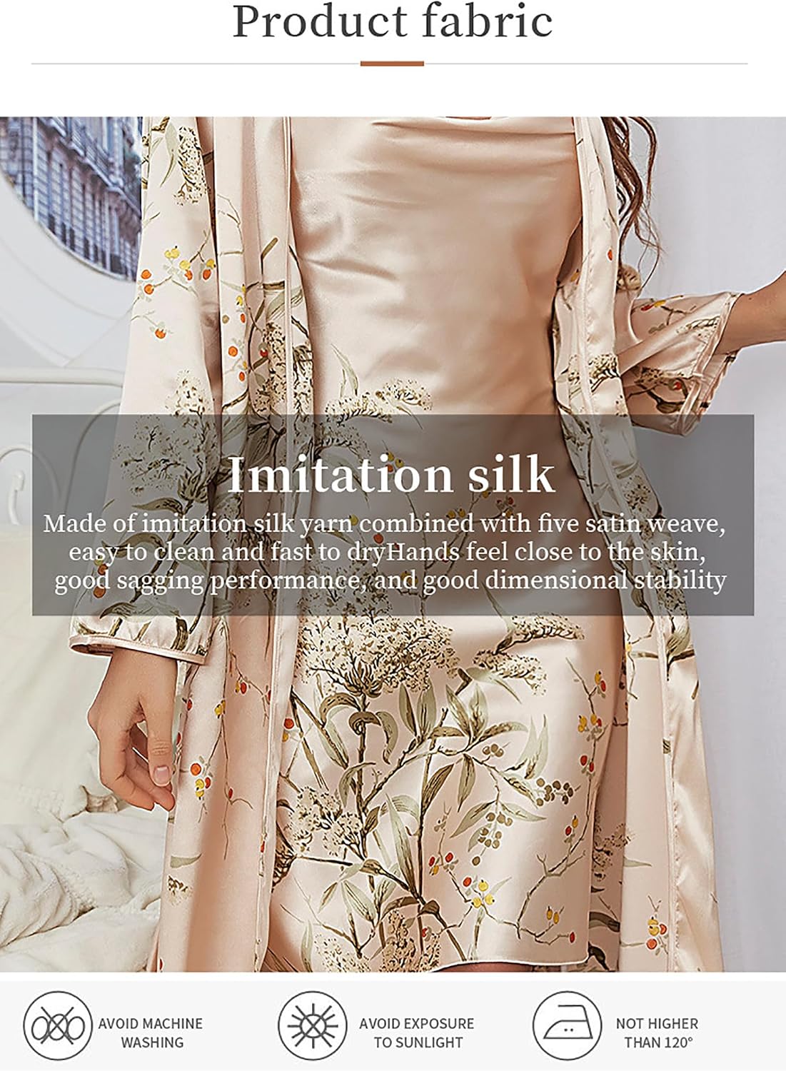 ASHER FASHION 2 Piece Women Satin Nightgowns and Robe Set Sexy Printed Silk Slip Dress Long Chemise Nightdress Sleepwear