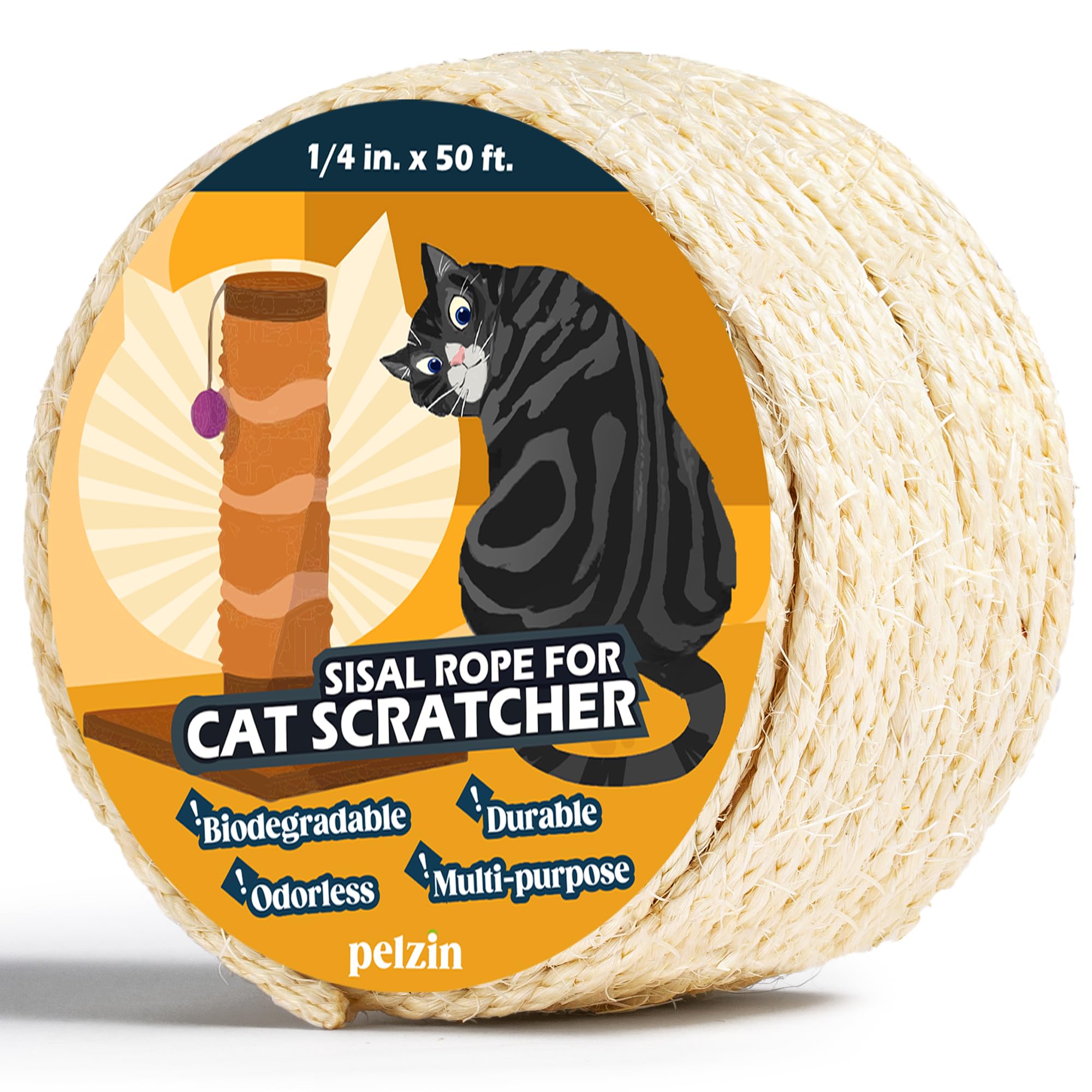 PELZIN Natural Sisal Rope for Cat Scratcher 6mm x 15m, Cat Scratching Post Replacement Rope, Cat Tree Twine for Scratching Post Repair, Recover, Replace and DIY, White