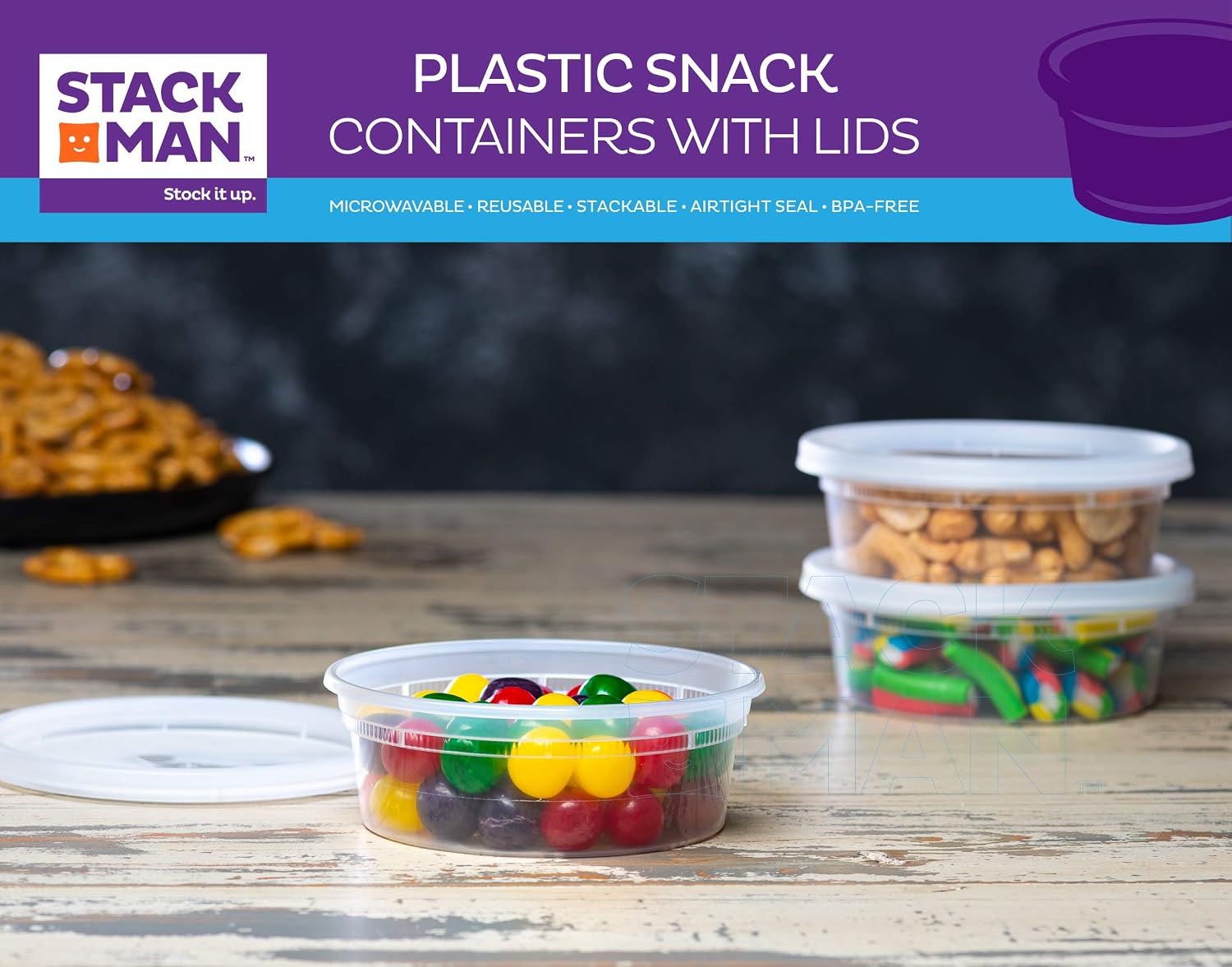 Stack Man Plastic Food Storage Deli Containers with Airtight Lids, 8 oz. (Case of 240)
