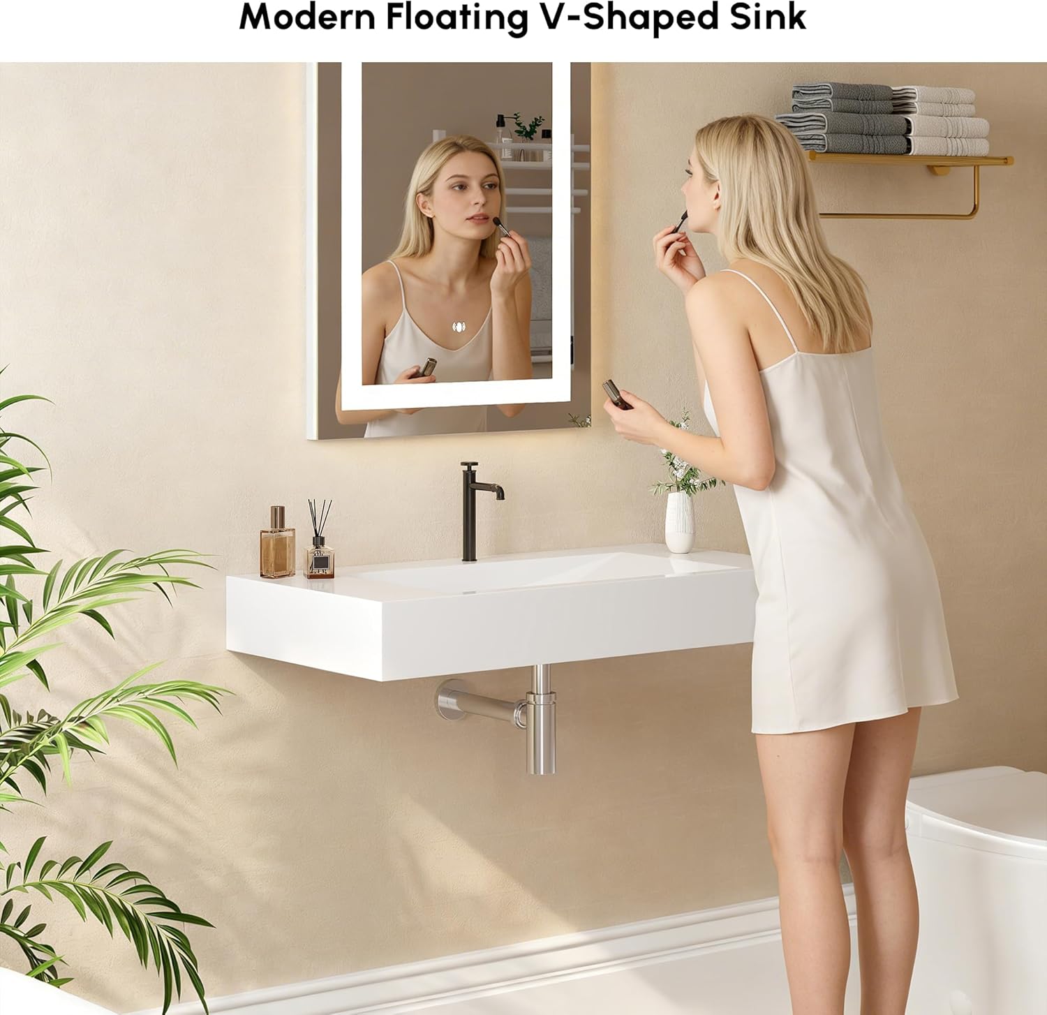 35'' Bathroom Vessel Sink V-Shaped Bathroom Sink Wall-Mount Stone Resin Floating Sink in Glossy White