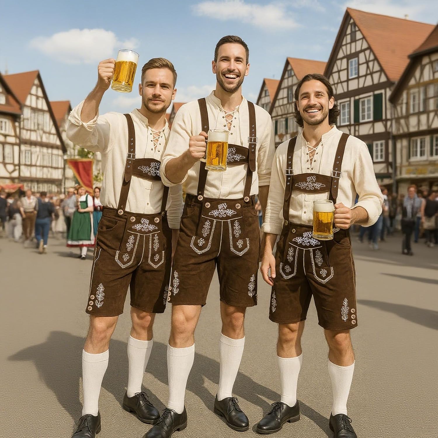 PJT Lederhosen men - Oktoberfest Outfits Men, Brown Suspender Leather Shorts & Calf Socks