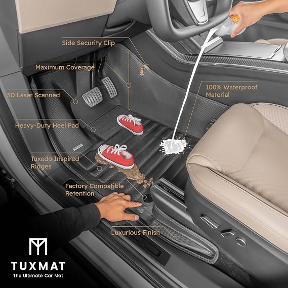 TuxMat - for Tesla Model 3 2024-2026 Models - Custom Car Mats - Maximum Coverage, All Weather, Laser Measured - This Full Set Includes 1st and 2nd Rows