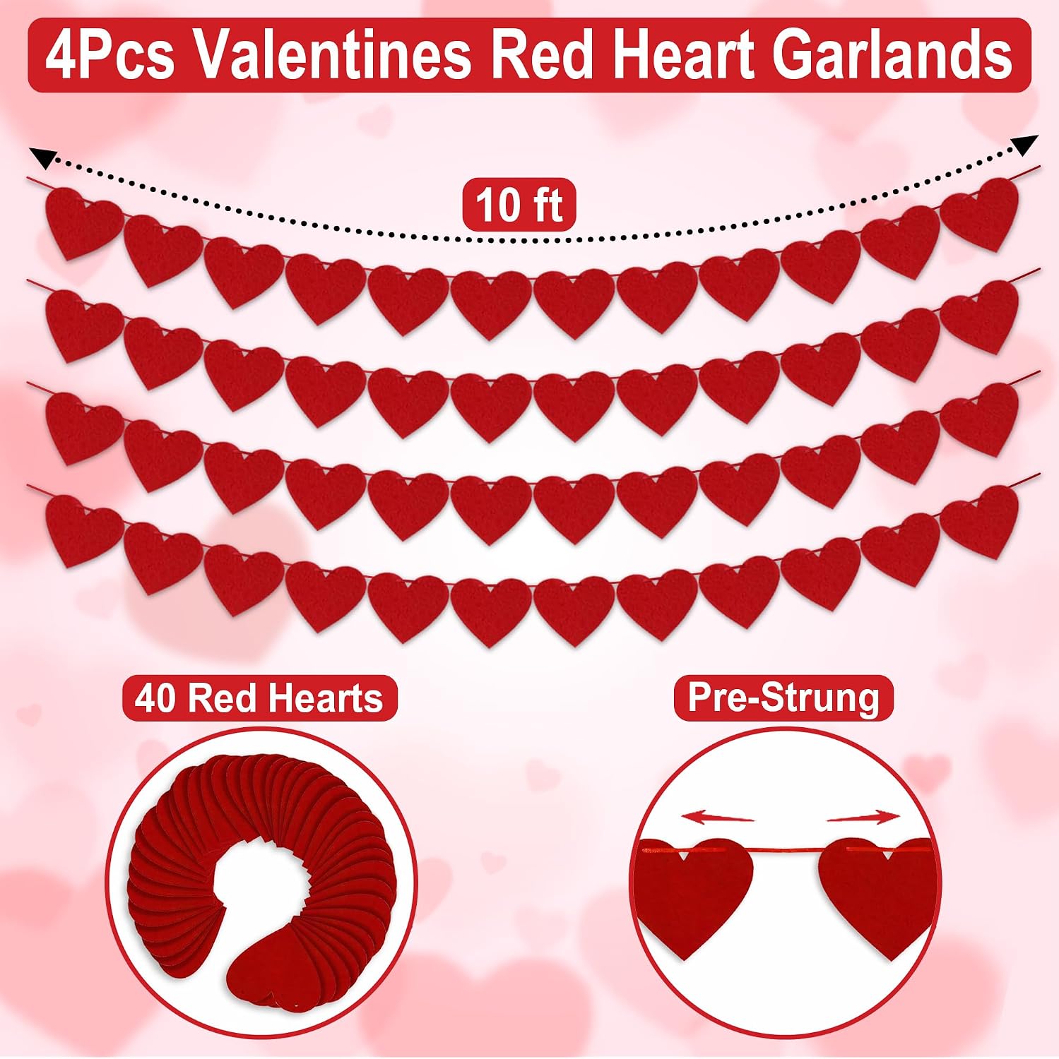 4Pcs Valentines Day Decorations Red Felt Heart Garland Banner, Pre-Strung, 48 Hearts Valentines Banner for Outdooe Indoor Home Valentines Day Decor NO DIY Galentines Day Anniversary Wedding Decoration