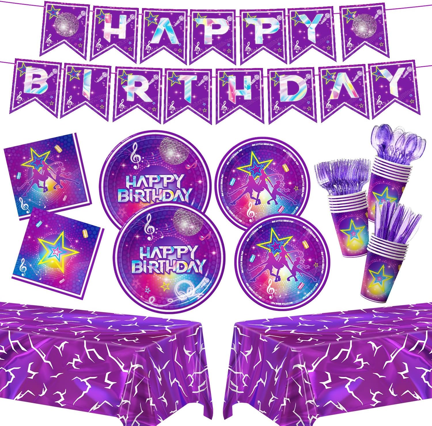 171pcs Kpop Birthday Party Supplies Purple Paper Plates Napkins Disposable Tableware Set Music Dance Party Decorations for Girls Serve 24 Guests