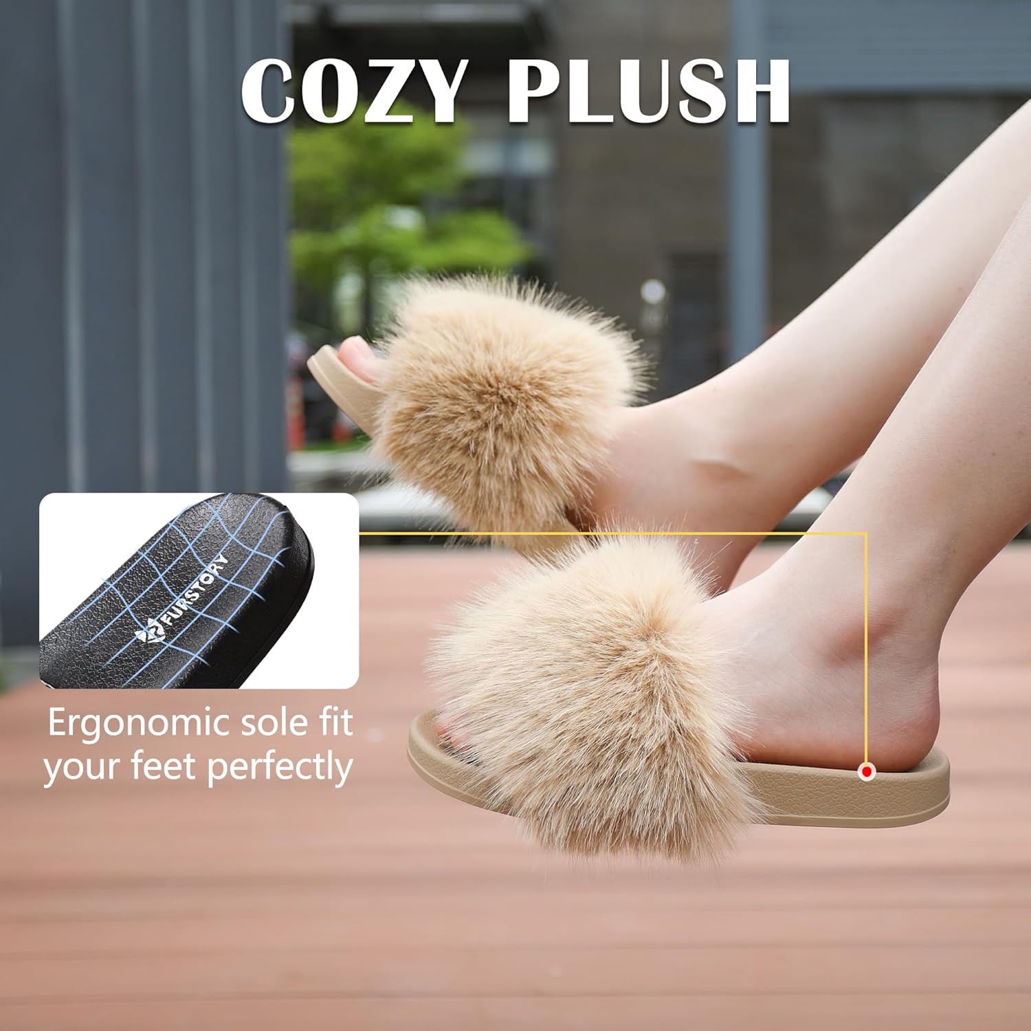 Women's Furry Slides Faux Fur Slides Fuzzy Slippers Fluffy Sandals Outdoor Indoor - Image 3