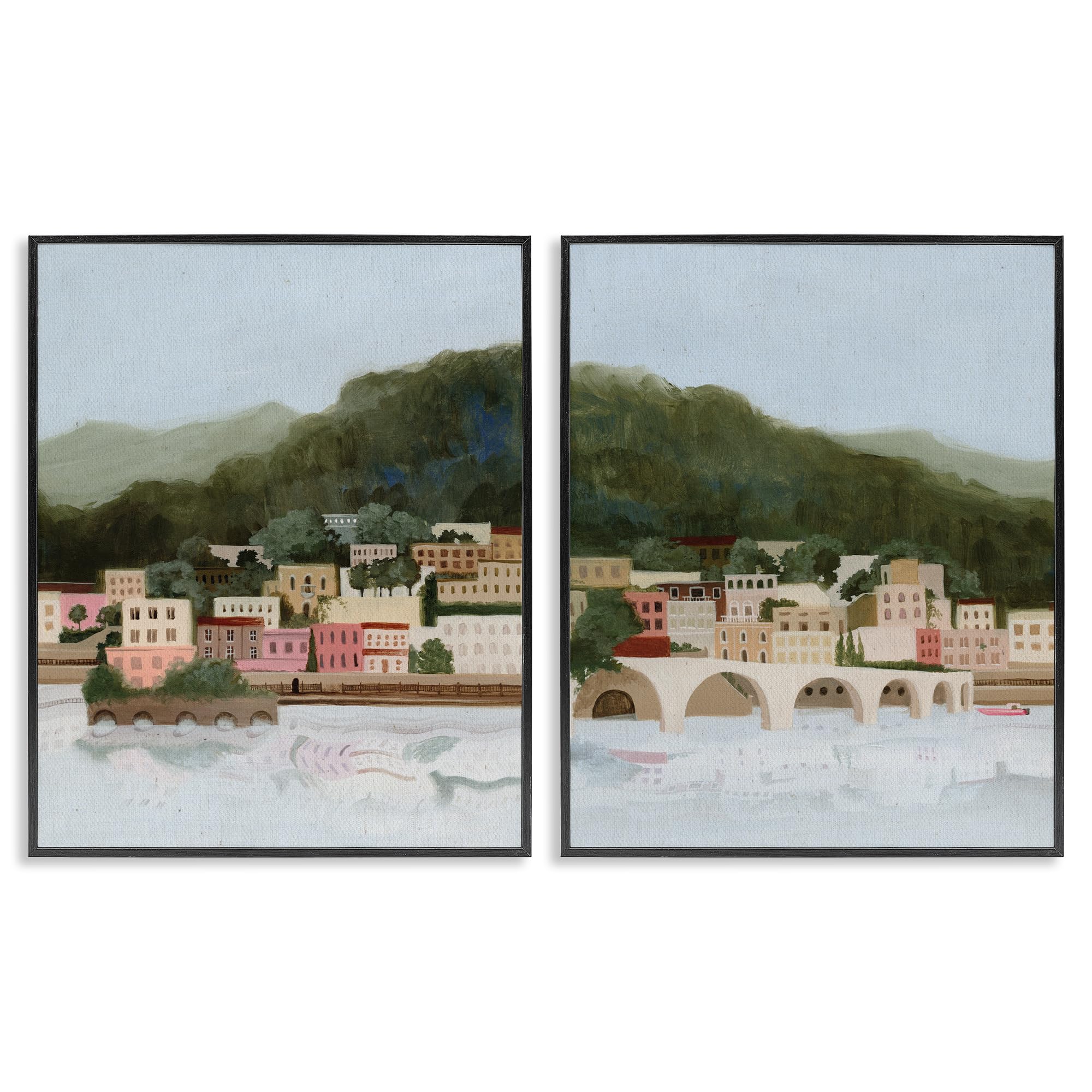 Mountain Town by Sea Scenic, 16 x 20 Inch Framed Giclée Print Set