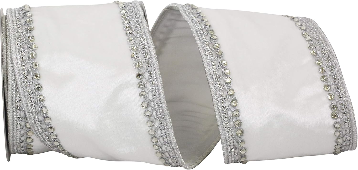 Reliant Ribbon 93440W-981-10D Plush Velvet Jewel Trim Wired Edge Ribbon, 4 Inch X 5 Yards, White/Silver