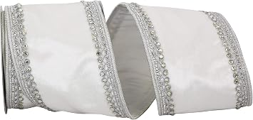 Reliant Ribbon 93440W-981-10D Plush Velvet Jewel Trim Wired Edge Ribbon, 4 Inch X 5 Yards, White/Silver