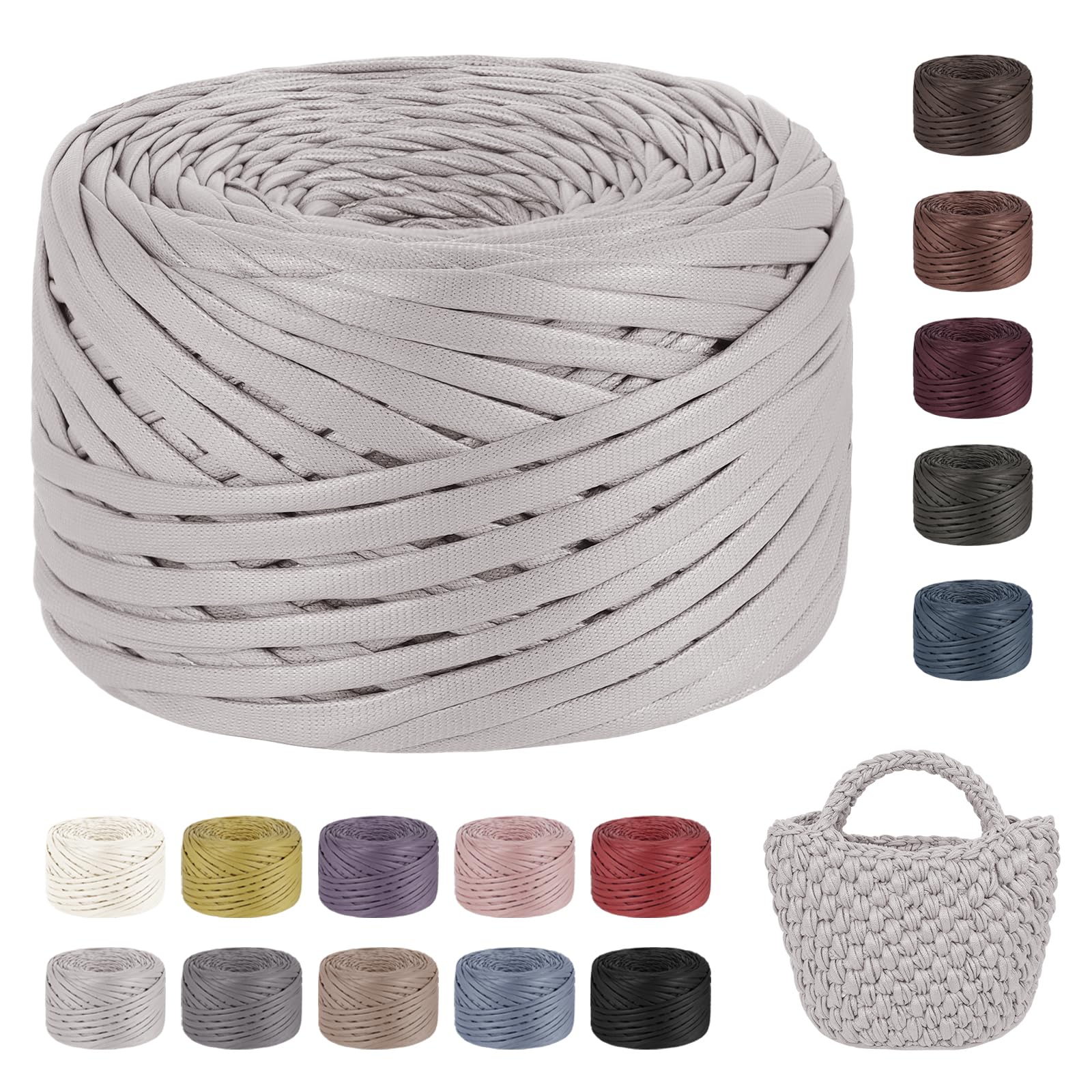 LEREATI Tshirt Yarn for Crocheting 200g/90m Single-Side Faux Leather Looking Fabric, Soft Polyester Cloth Ribbon T Shirt Yarn for Crocheting Baskets Bags Rugs Home Decor DIY Crafts (Hemp Gray)
