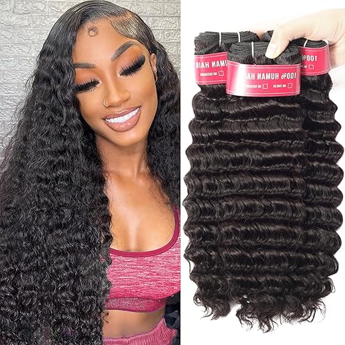 12A Deep Wave Human Hair Bundles Brazilian Deep Wave Curly Bundles Human Hair 26 28 30 Inch 3 Bundles 100% Unprocessed Virgin Remy Wet and Wavy Human Hair Weave Bundles Natural Black