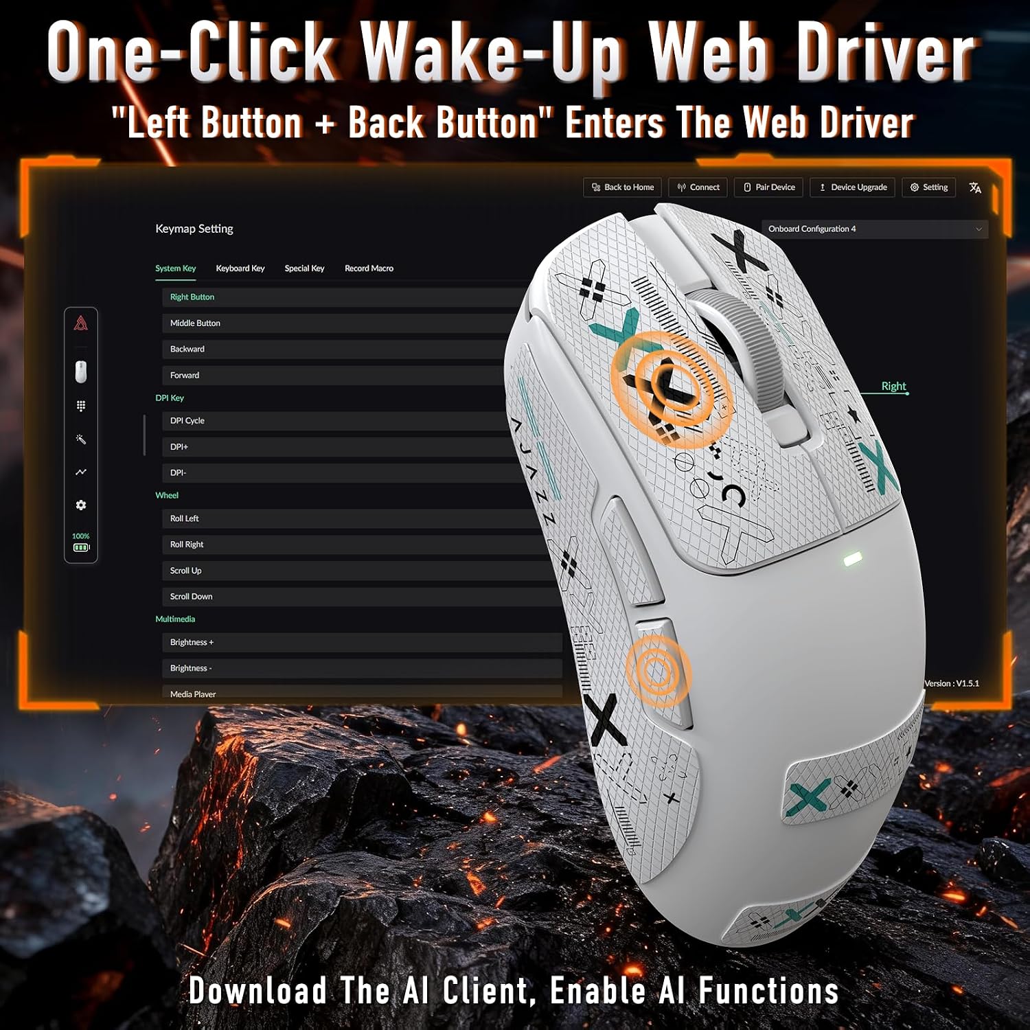 AJ200NLMC AI Gaming Mouse,61g Lightweight Tri-Mode Wireless Mouse with NearLink Tech & PAW3311 Sensor,Built-in AI Game Analyzer&Training Coach,24K DPI,500mAh Battery,RGB for PC/FPS White&Griptape
