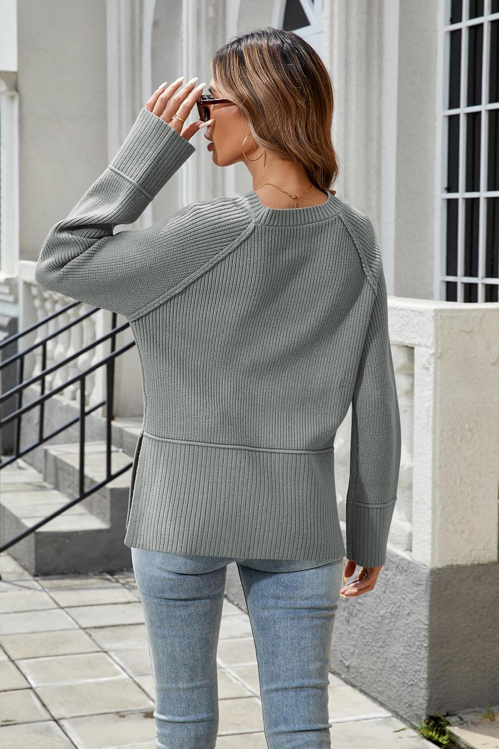 Cakulo Womens Oversized Sweaters Split 2025 Fall Knit Long Sleeve Crew Neck Ribbed Pullover Loose Cozy Soft Sweater - Image 7