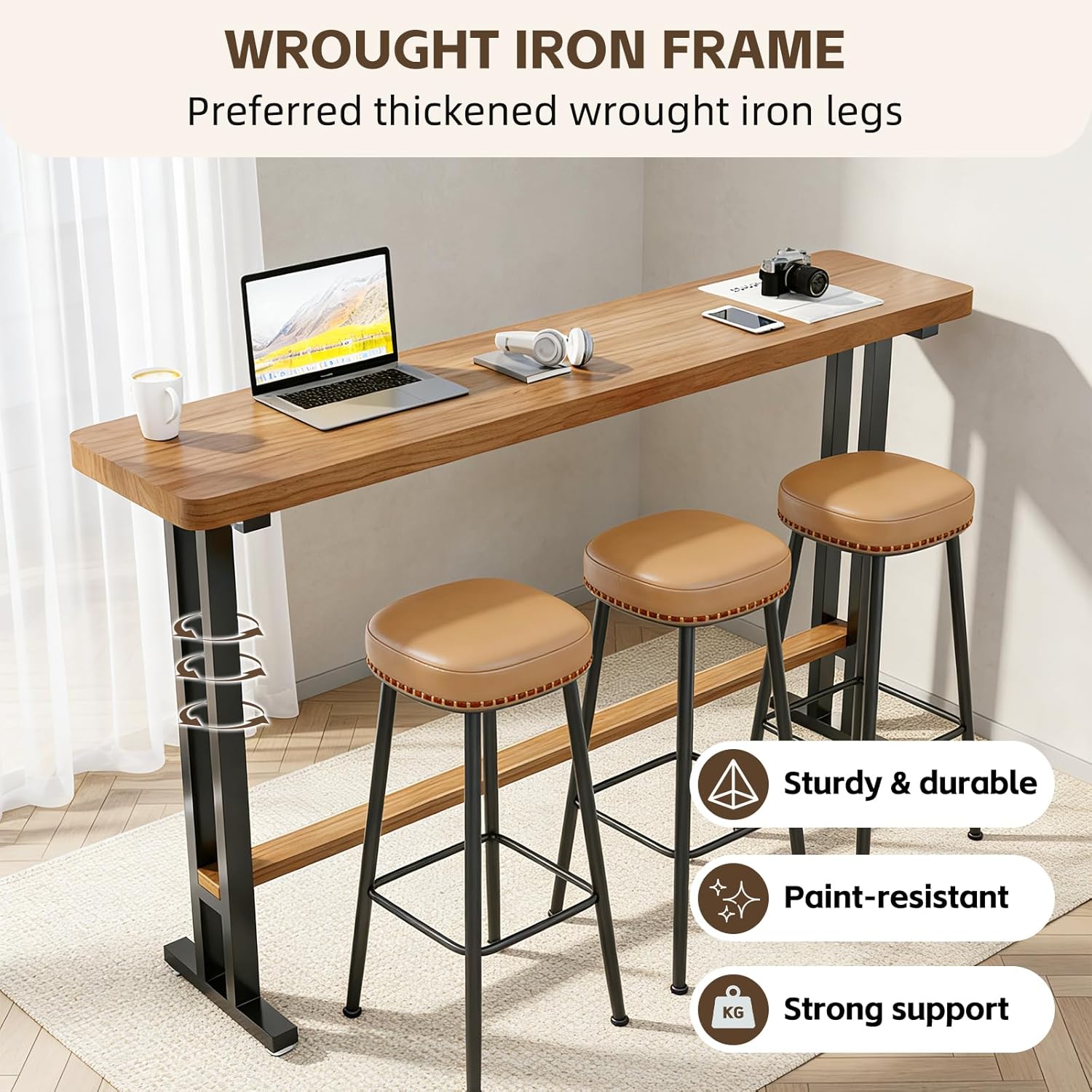 Solid Wood Bar Table, Counter Height Pub Table with Sturdy Metal Frame, Rectangular High Top Dining & Kitchen Breakfast Table for Home, Bistro, Living Room