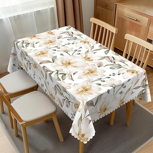Floral White Magnolia Tablecloth Rectangle Watercolor Flowers and Leaves Table