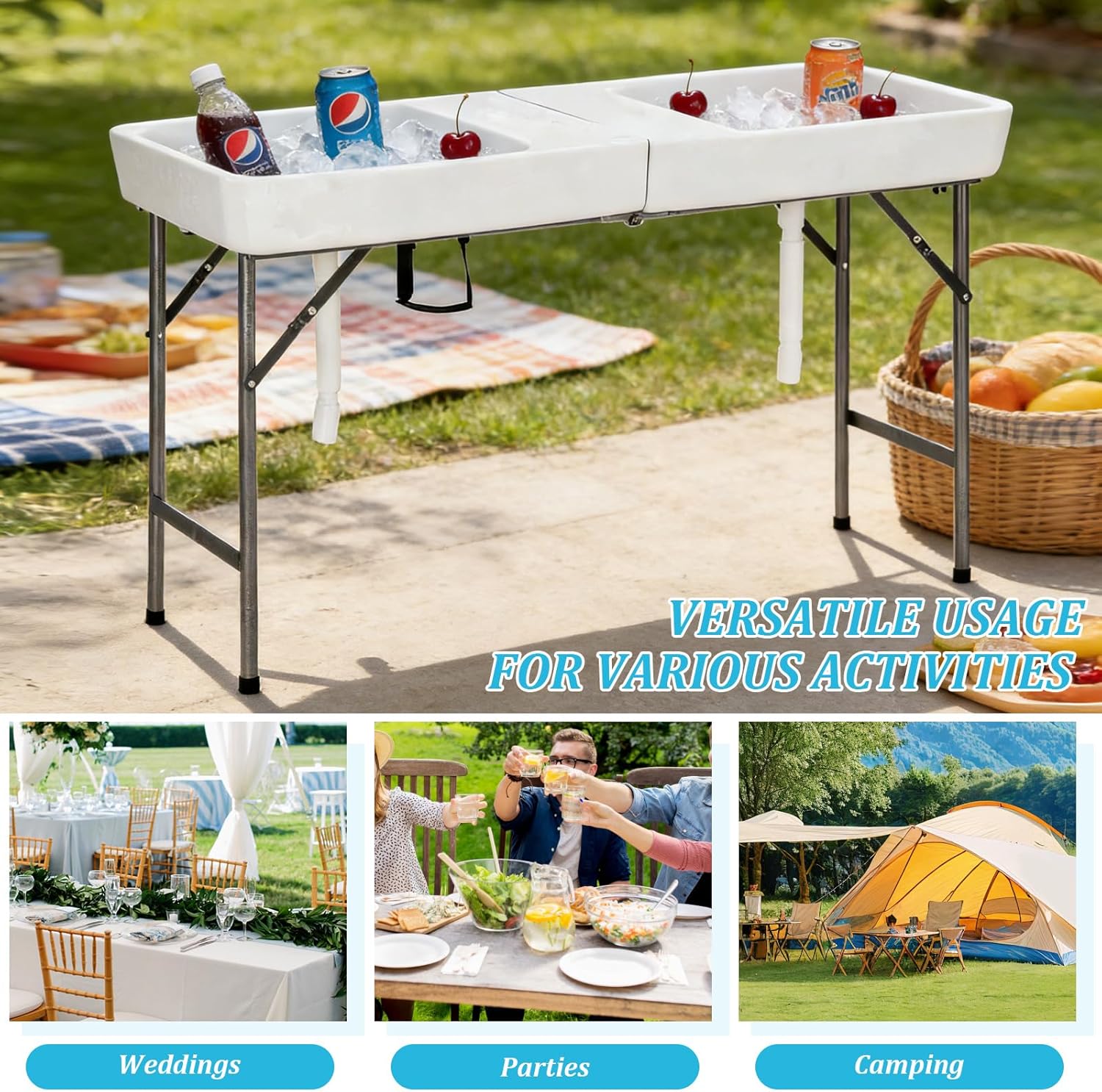 5 ft Folding Ice Cooler Table with Drain Hose, Portable Foldable Party Beverage Cooler, Chill Table for BBQ, Camping, Picnic, Tailgate, Outdoor Events
