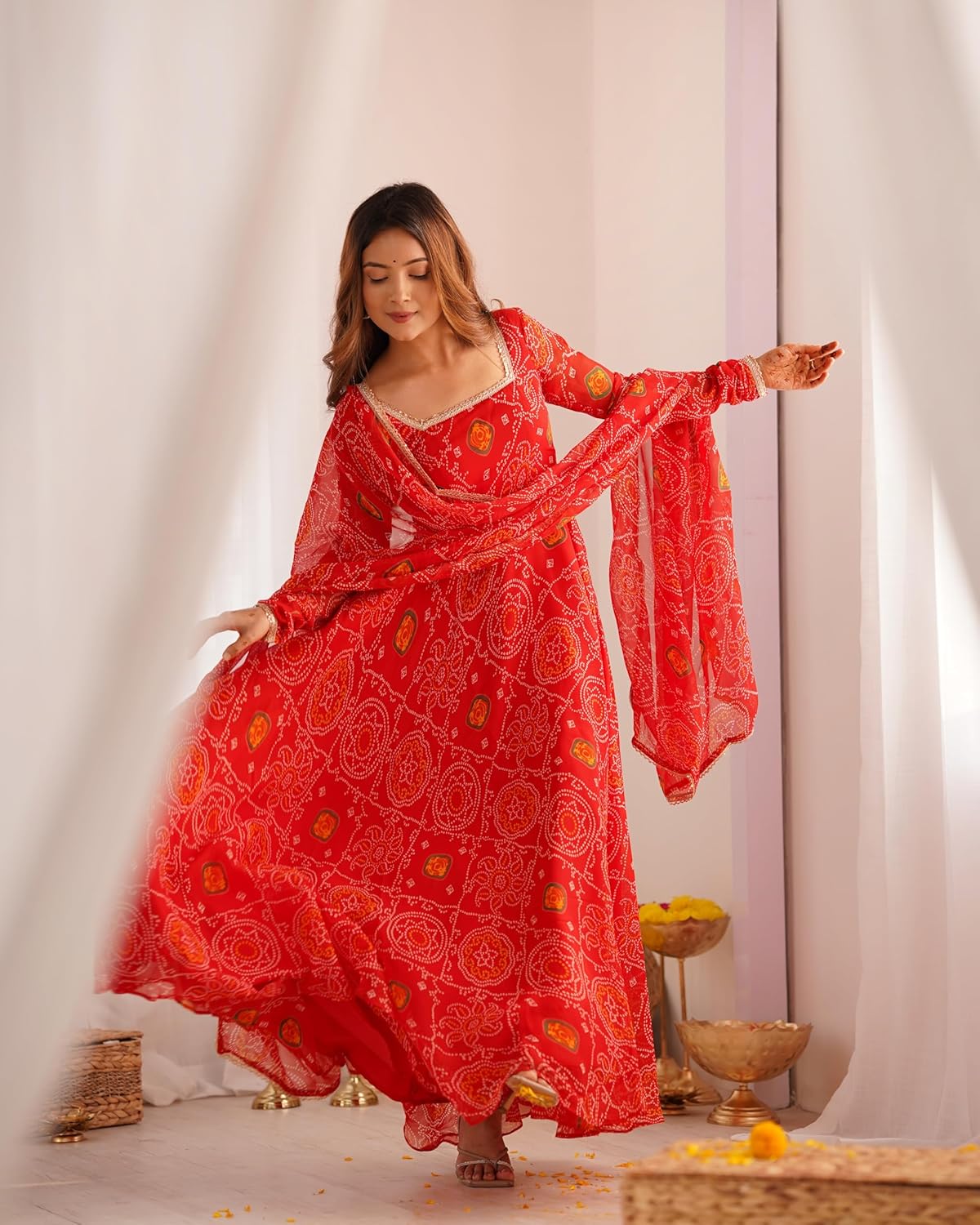 Shiv Collection Indian Style Pure Soft Chiffon Bandhej Fully Flair Gown Set for Women ready to wear
