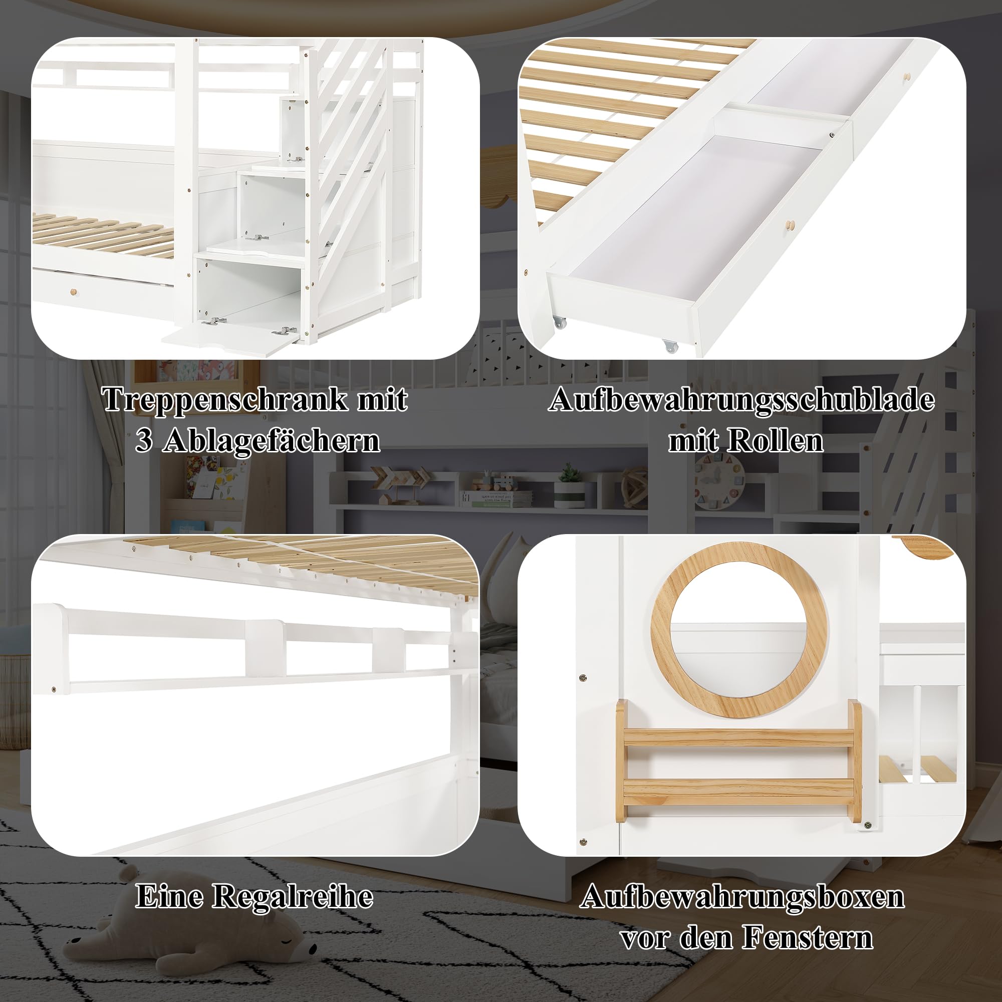 Dolamaní Cama infantil litera, 90 x 200 cm, litera para 2 niños y 2 cajones con ruedas, cama de casa con espacio de almacenamiento, escalera de madera de pino MDF, cama para niñas (sin colchón