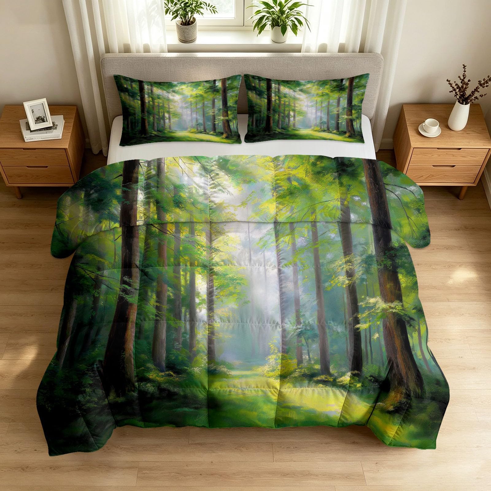 Piumino senza rivestimento, 135 x 200 cm, 4 stagioni, verde, ipoallergenico, alternativa al piumino, paesaggio naturale fresco e naturale, per tutto l'anno, con 2 federe da 80 x 80 cm