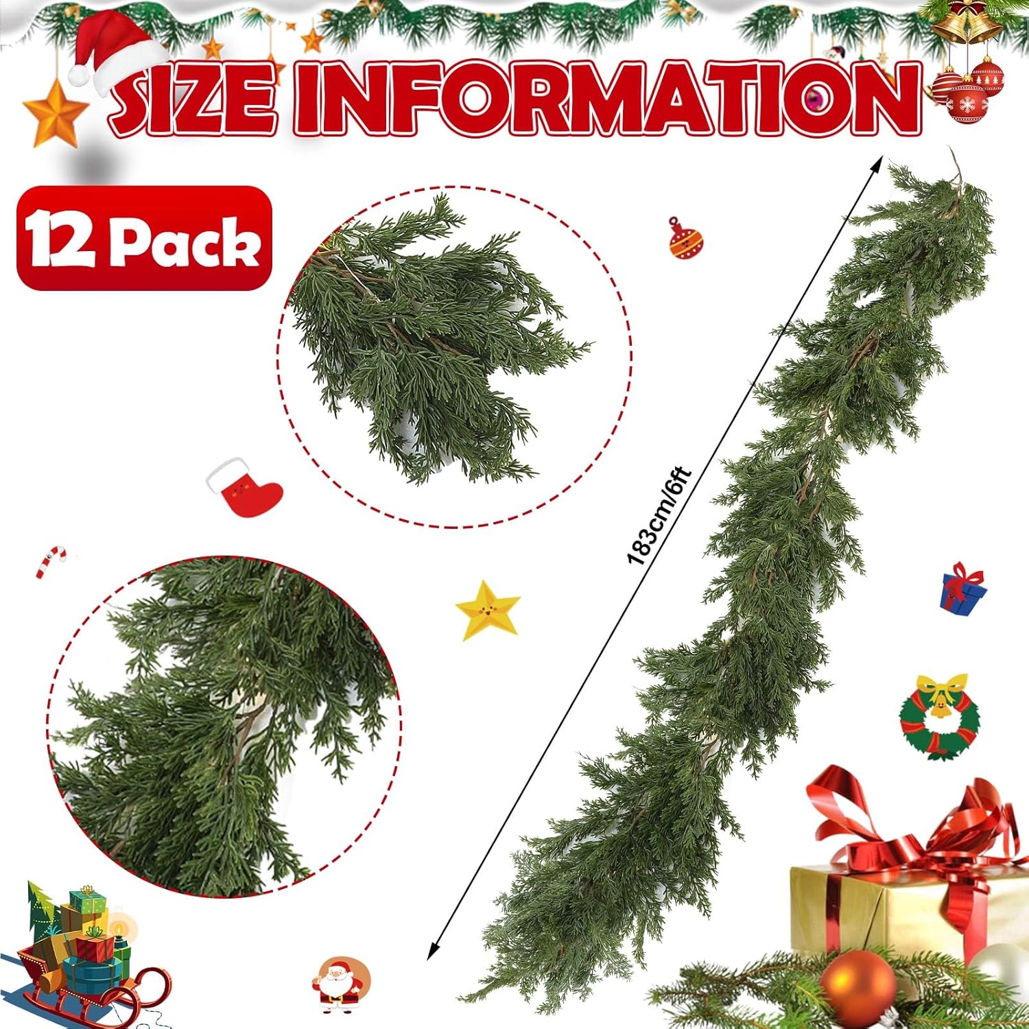 crowye 12 pcs 6ft christmas cedar garland artificial pine christmas garland realistic winter greenery garland green pine cypress vines for holiday mantel fireplace table centerpiece xmas decor