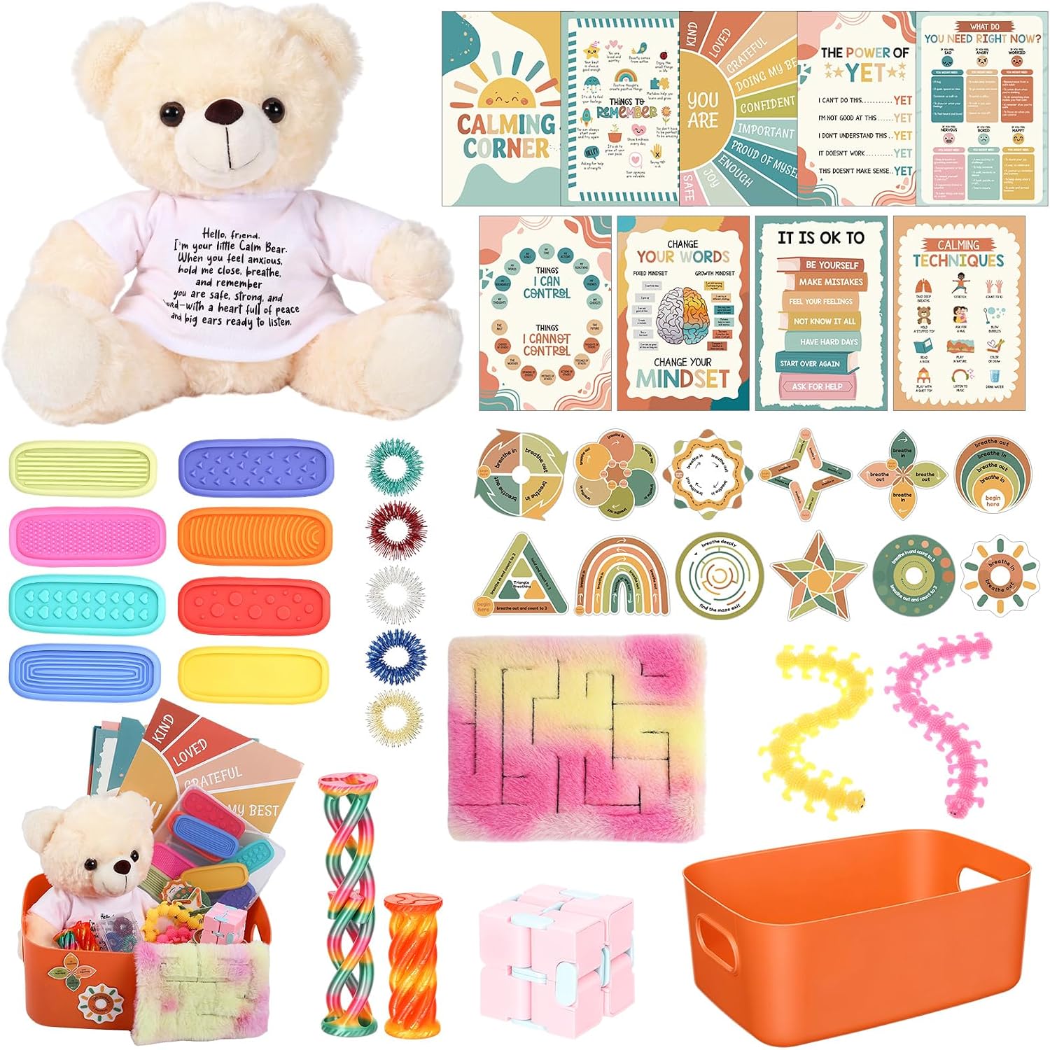 Calm Down Sensory Kit for Kids Bear Toys storage Box,Warm | Back to School Gifts, Calming Corner Supplies, Fidget Flipping Cube, Sensory Mat Pad, Emotional Poster, Stress Ball Gift
