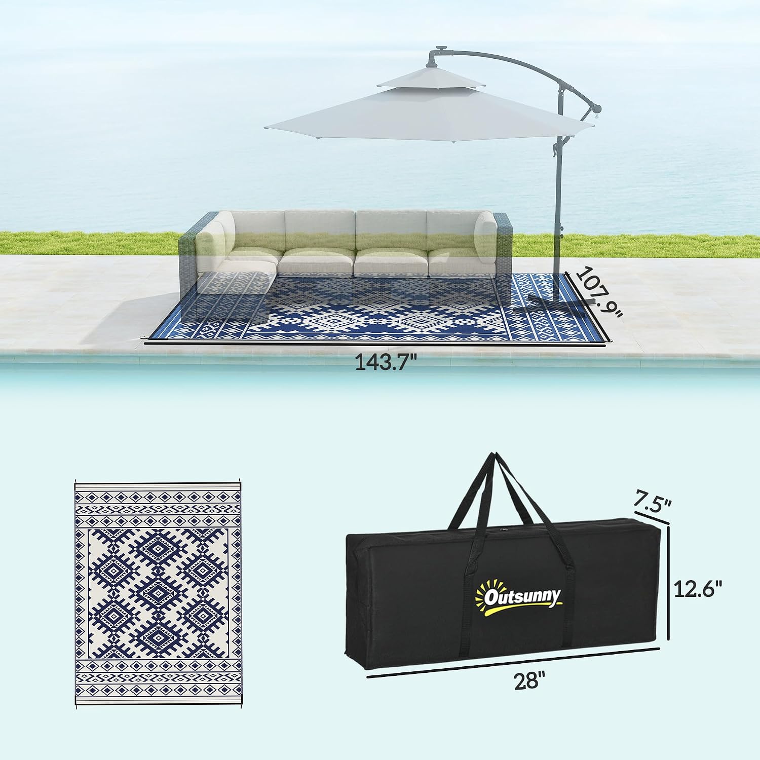 Outsunny Outdoor Rug for Patio, 9' x 12' Waterproof Large Mat, Reversible Plastic Straw Rug for Decor, Portable Outside RV Camping Area Carpet Mat for Backyard Porch Deck Picnic, Blue & White Rhombus