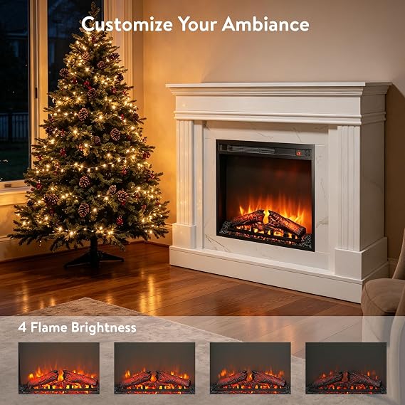 44 Electric Fireplace with Mantel, White Freestanding Fireplace w/Faux Marble Finish, Remote Control, 1400W Heater for Living Room Bedroom, Adjustable Thermostat, Timer & Flame Brightness