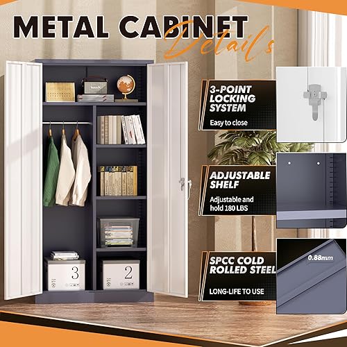 Vista 53 de INTERGREAT Armario de almacenamiento de metal, armarios de acero con cerradura de 72 pulgadas de alto con puertas de bloqueo, armario de Gris blanco
