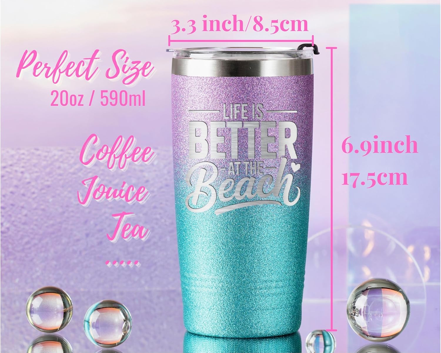 Onebttl Beach Gifts for Women, 20oz Vacuum Insulated Stainless Steel Travel Mug with Lid for Beach Lovers, Glitter Blue and Purple, Better