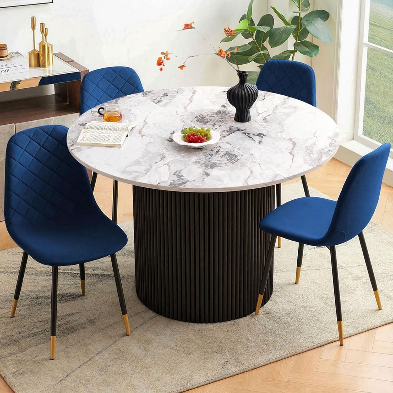 White Round Dining Table Set for 4, Modern Mid Century Wooden Kitchen & Dining Room Table Set, 5 Piece Space Saving (47In Faux Marble Table + 4 Blue Velvet Chairs)
