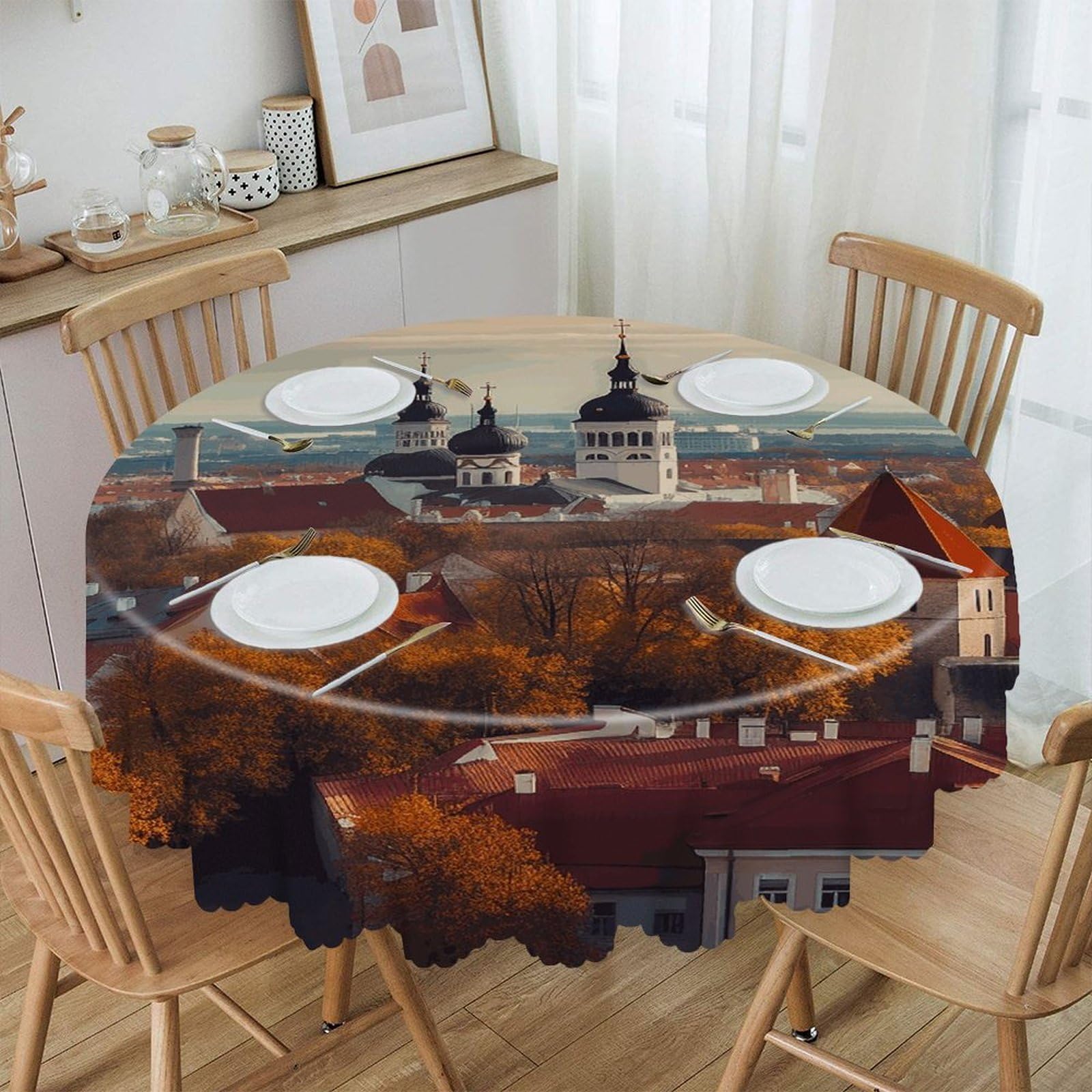 VstaDank Tallinn Estonia Cityscape Round Tablecloth Premium Polyester Table Cloth Heavy Duty Washable Fabric Tablecloth Waterproof Holiday Table Cover Decorative Tablecloths for Dining 60"