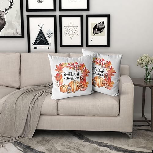Miniatura 7 de Sweetshow Juego de 2 fundas de almohada de calabaza otoñal de 18 x 18 pulgadas, juego de 2 fundas cuadradas de algodón para el hogar, sofá, patio,
