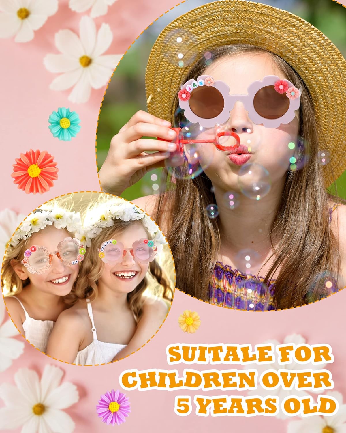 Cindeer 24 Pairs Flower Sunglasses Kids DIY Round Boho Flower Sunglasses Set Includes 100 Pcs Daisy Charm 416 Letter Beads and Glue for Kid Girls Party Favors Gifts Supplies