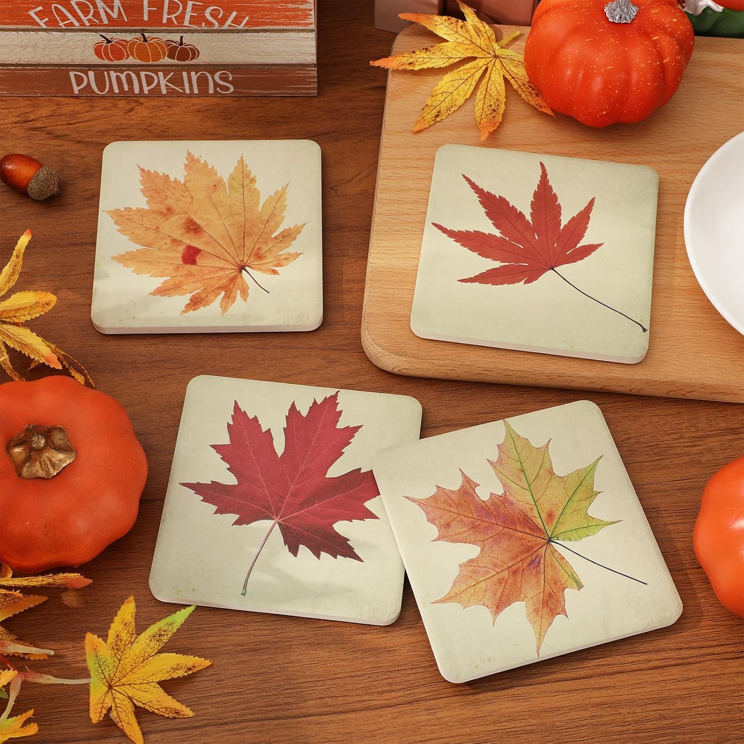 FYSUIMU 4 Pcs Fall Leaves Coasters Autumn Maple Leaf Square Ceramic Coasters Absorbent Thanksgiving Harvest Cup Mat for Home Kitchen Party Table Decor