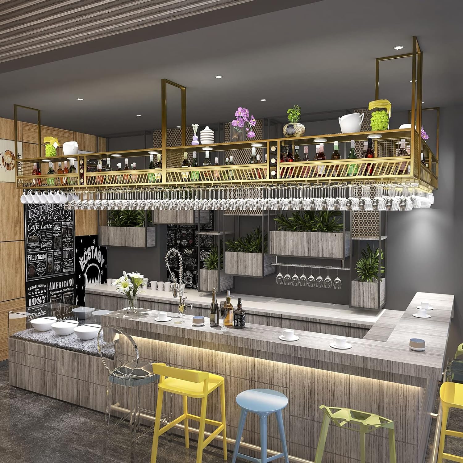 LUNEZY Ceiling Wine Rack Plant Rack American Vintage Wine Rack LOFT Retro Indoor Plant Rack European Wall Mounted Plant Rack Hanging Wine Rack (Color : Black, Size : 120X30X80CM)