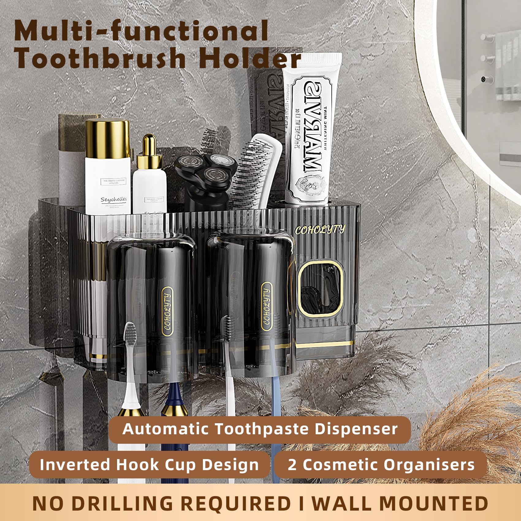 Portaspazzolino da parete con dispenser per dentifricio, set di 2 tazze, 6 scomparti per spazzolini, 2 organizer per cosmetici (nero, 2 tazze)