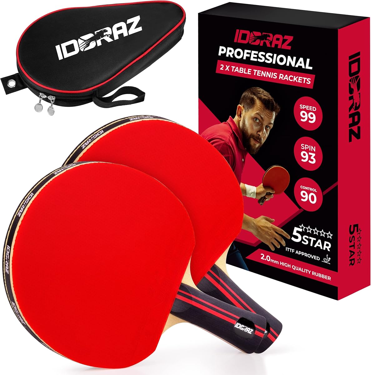 Pala de Ping Pong Profesional con Goma ITTF y Estuche de Transporte | La raqueta de tenis de mesa con Speed 99, Spin 93, Control 90, mejora la precisión y la consistencia