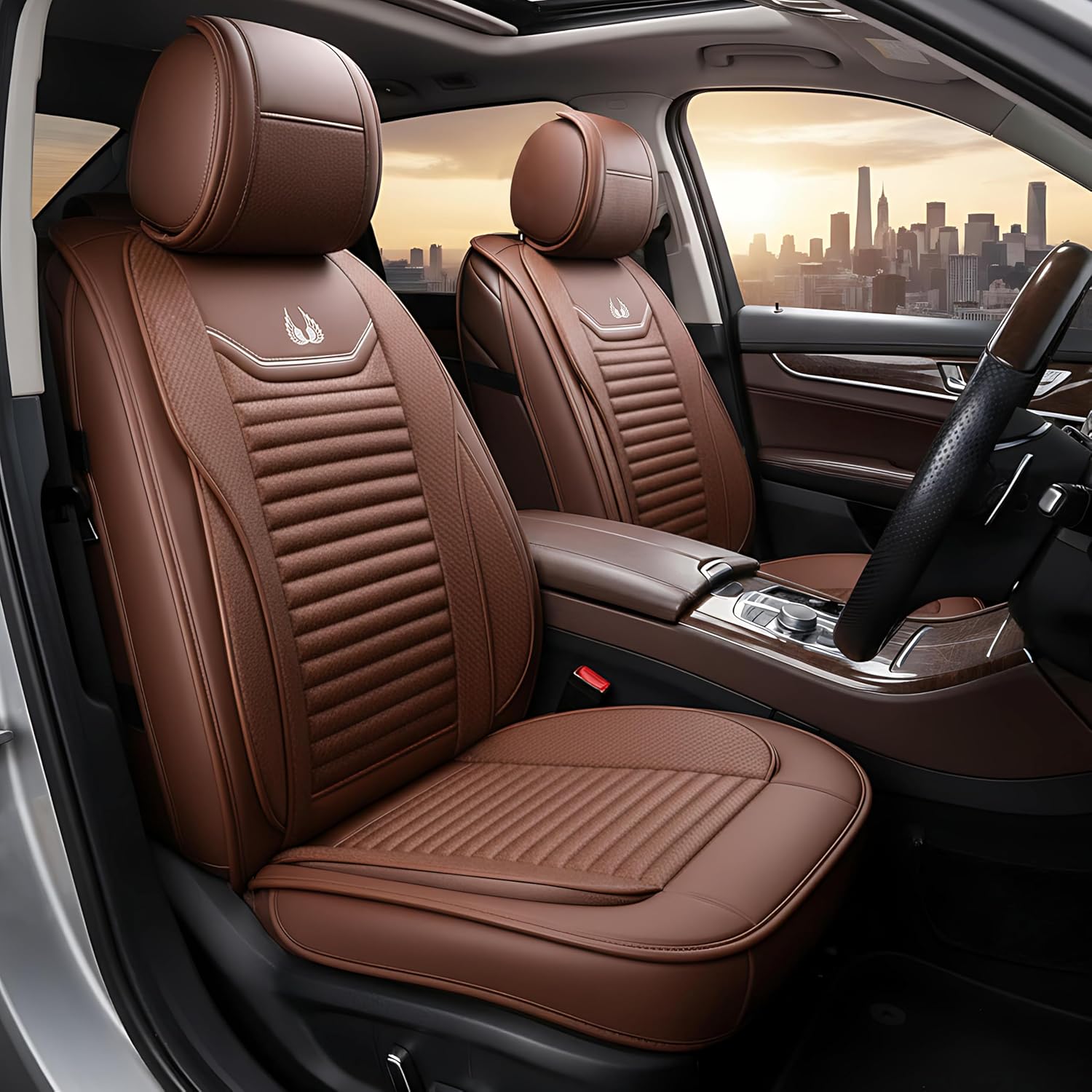 OASIS AUTO Car Seat Covers Premium Waterproof Faux Leather Cushion Universal Accessories Fit SUV Truck Sedan Automotive Vehicle Auto Interior Protector Full Set (OS-008 Brown)