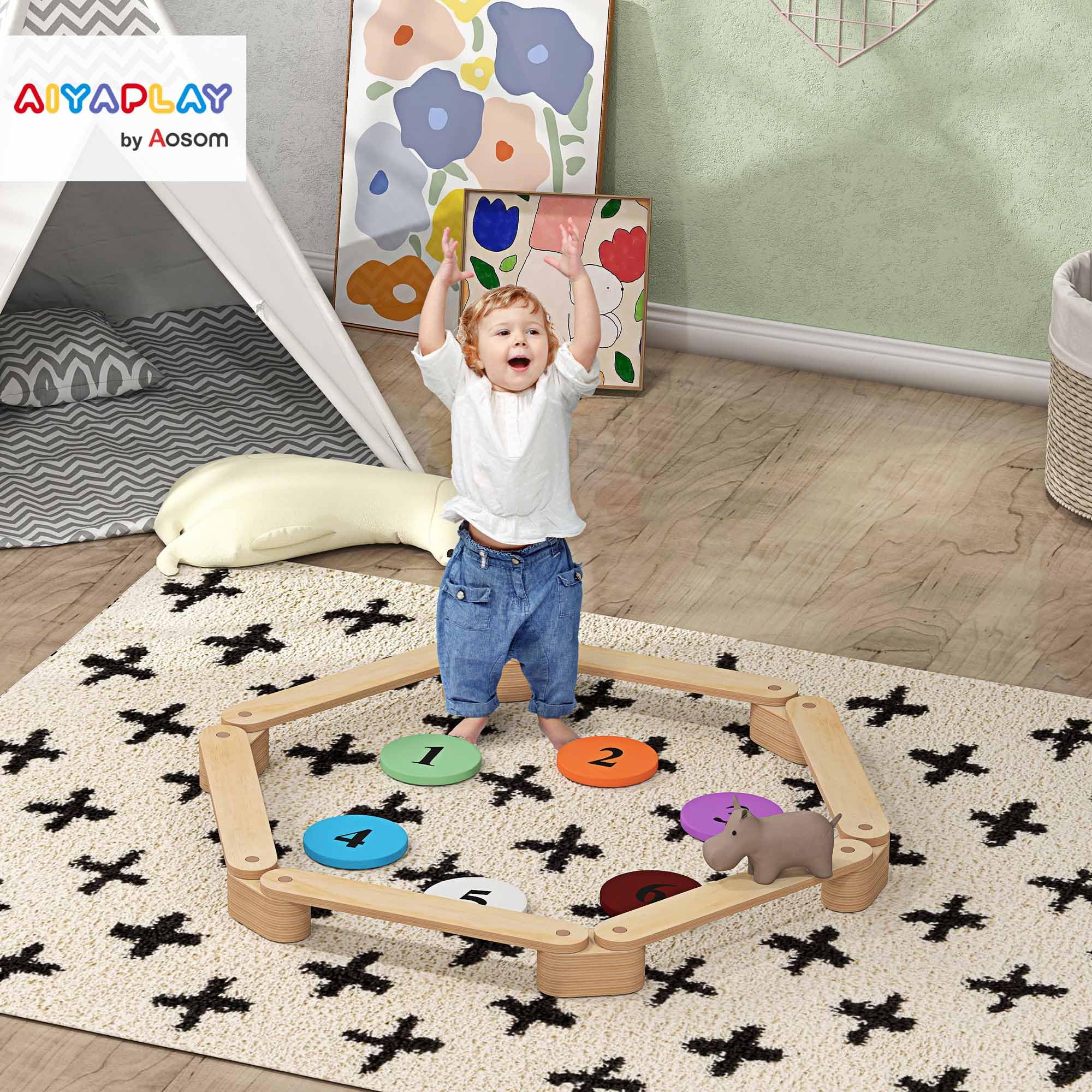 AIYAPLAY Poutre d'Équilibre pour Enfants, Modulable, Bois Massif de Pin, Parcours de Motricité, 6 Pièces pour Intérieur et Extérieur, Jouet Montessori d'Entraînement d'Équilibre, Charge 50 kg, Naturel