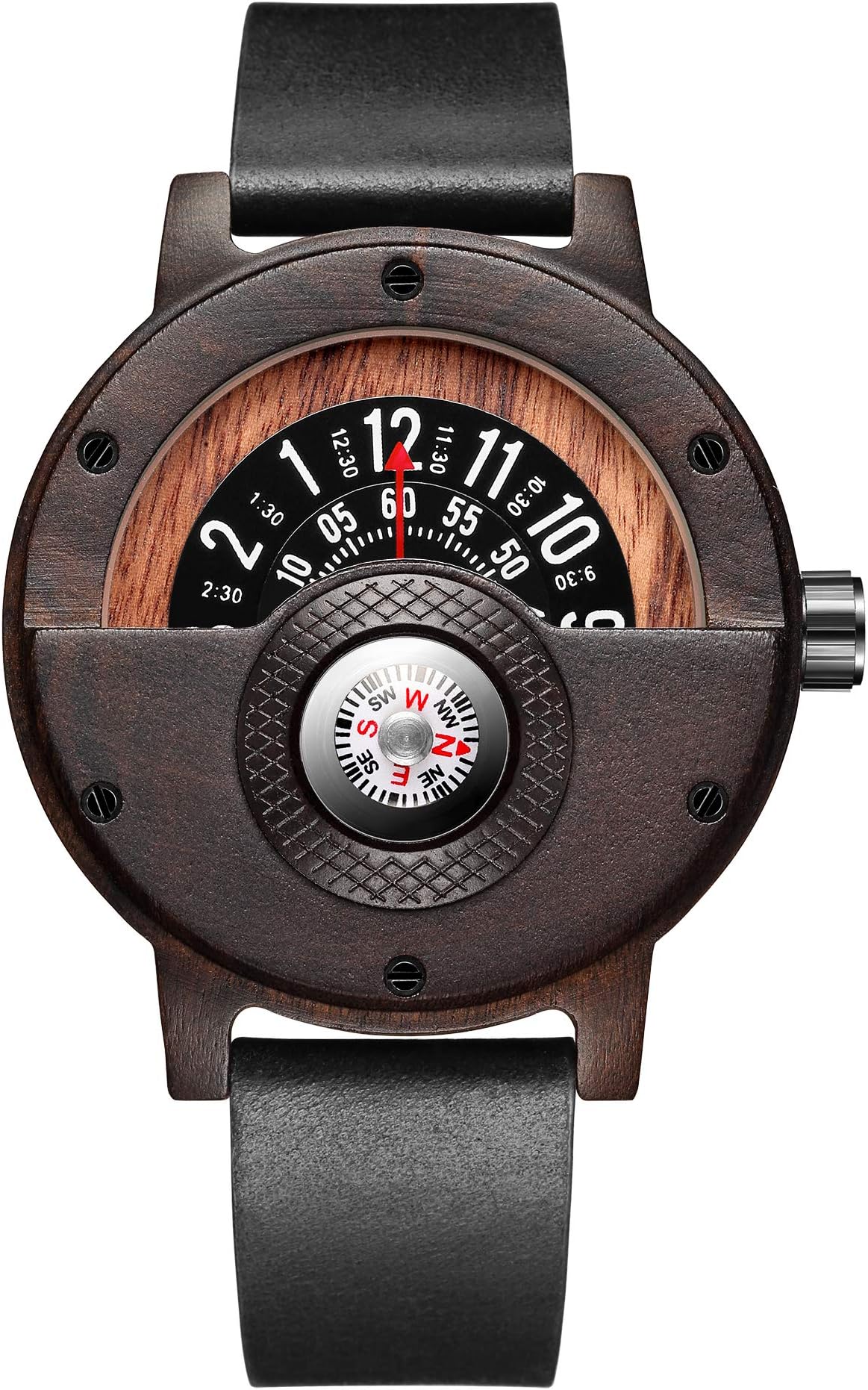Men's Handmade Wooden Watches Mens Lightweight Analog Quartz Wood Mens Wrist Watch with Compass
