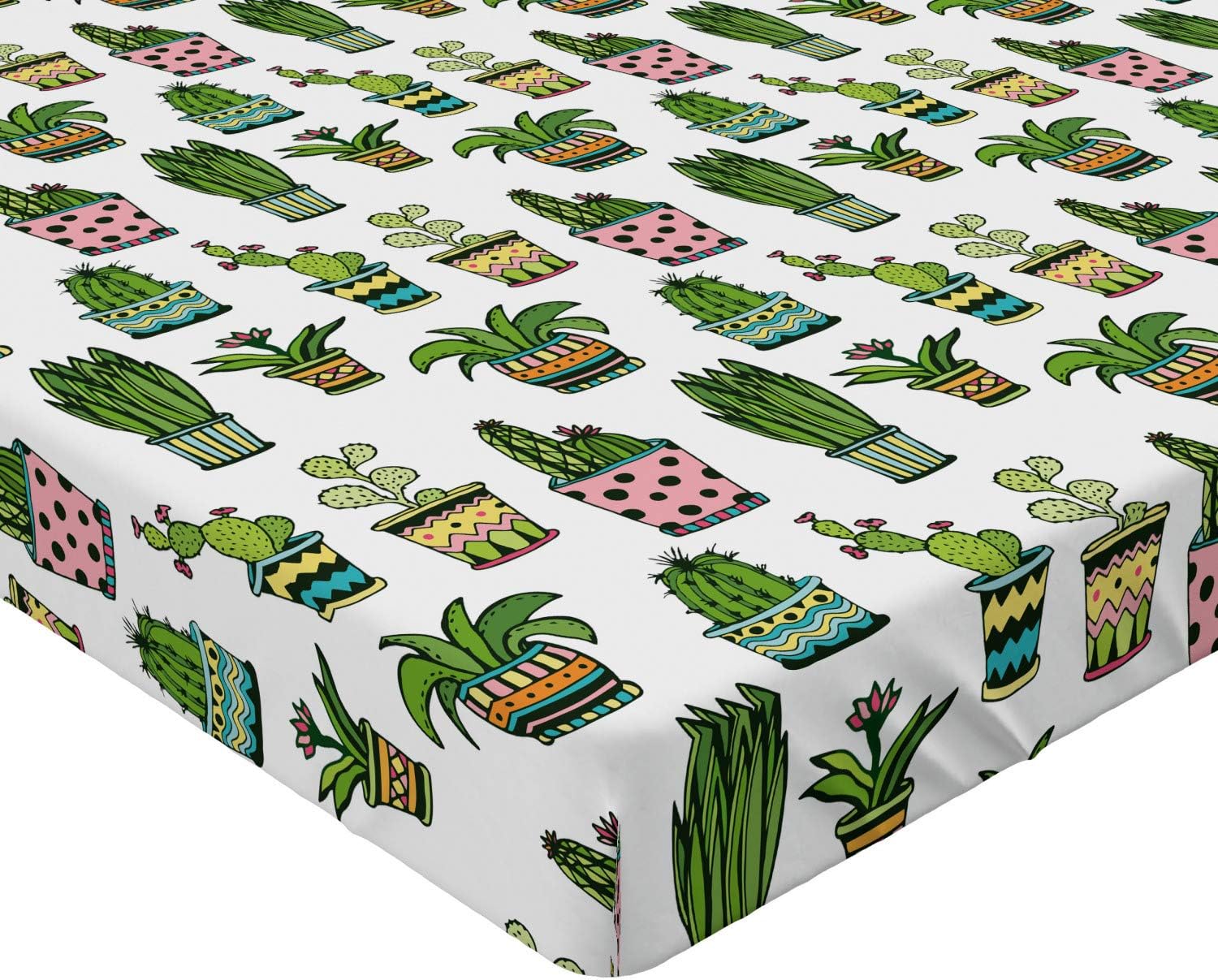 Ambesonne Cactus Fitted Sheet, Colorful Succulent Houseplants and Cactus Pattern Doodle Style Flowers Pots, Bed Cover with All-Round Elastic Deep Pocket for Comfort, Queen Size, Multicolor