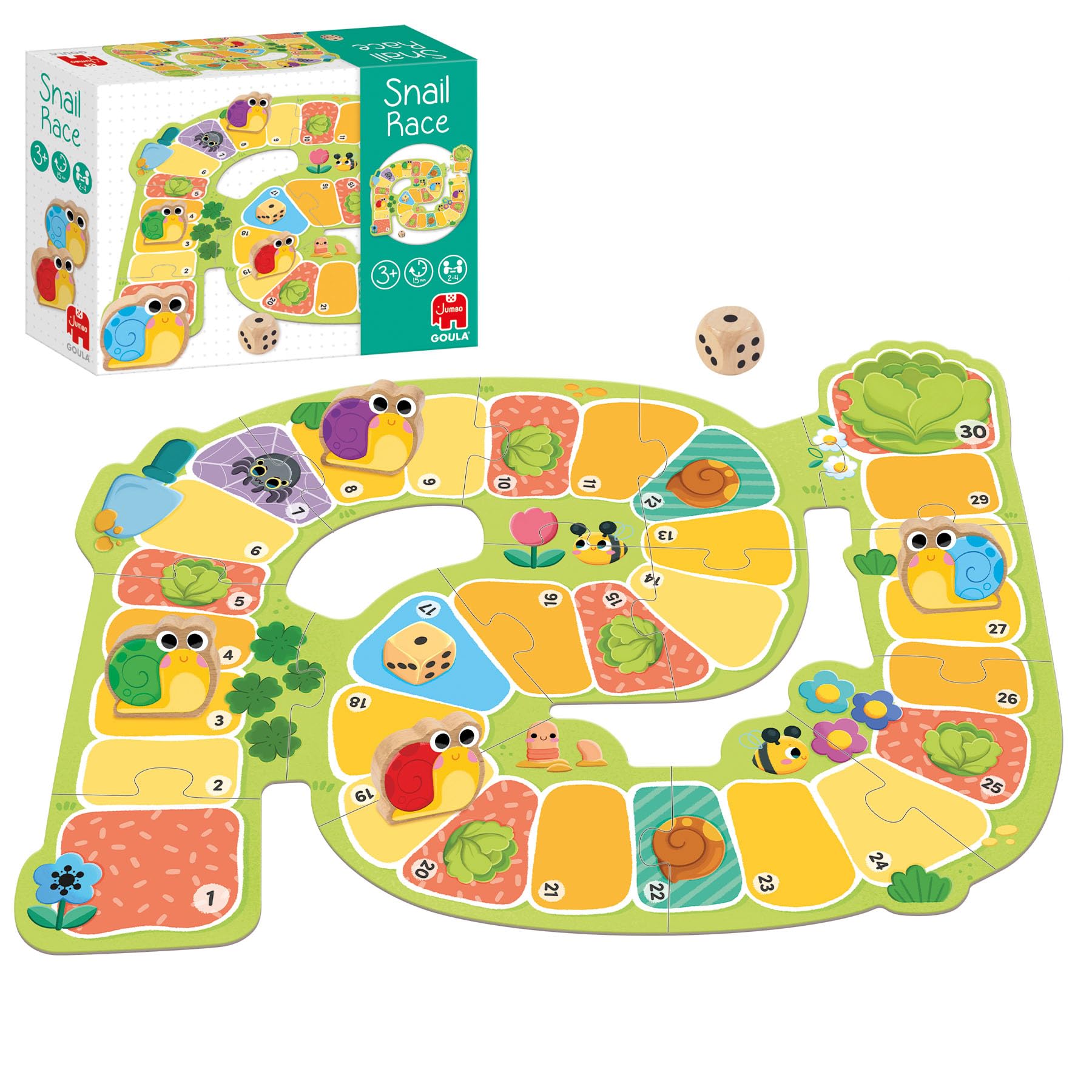 Goula Snail Race – Carrera de Caracoles, Juego de Mesa para Niños a Partir de 3 Años – Cooperativo o Competitivo con Figuras de Madera y Dado – Aprendizaje de Números y Estrategia para Niñas y Niños
