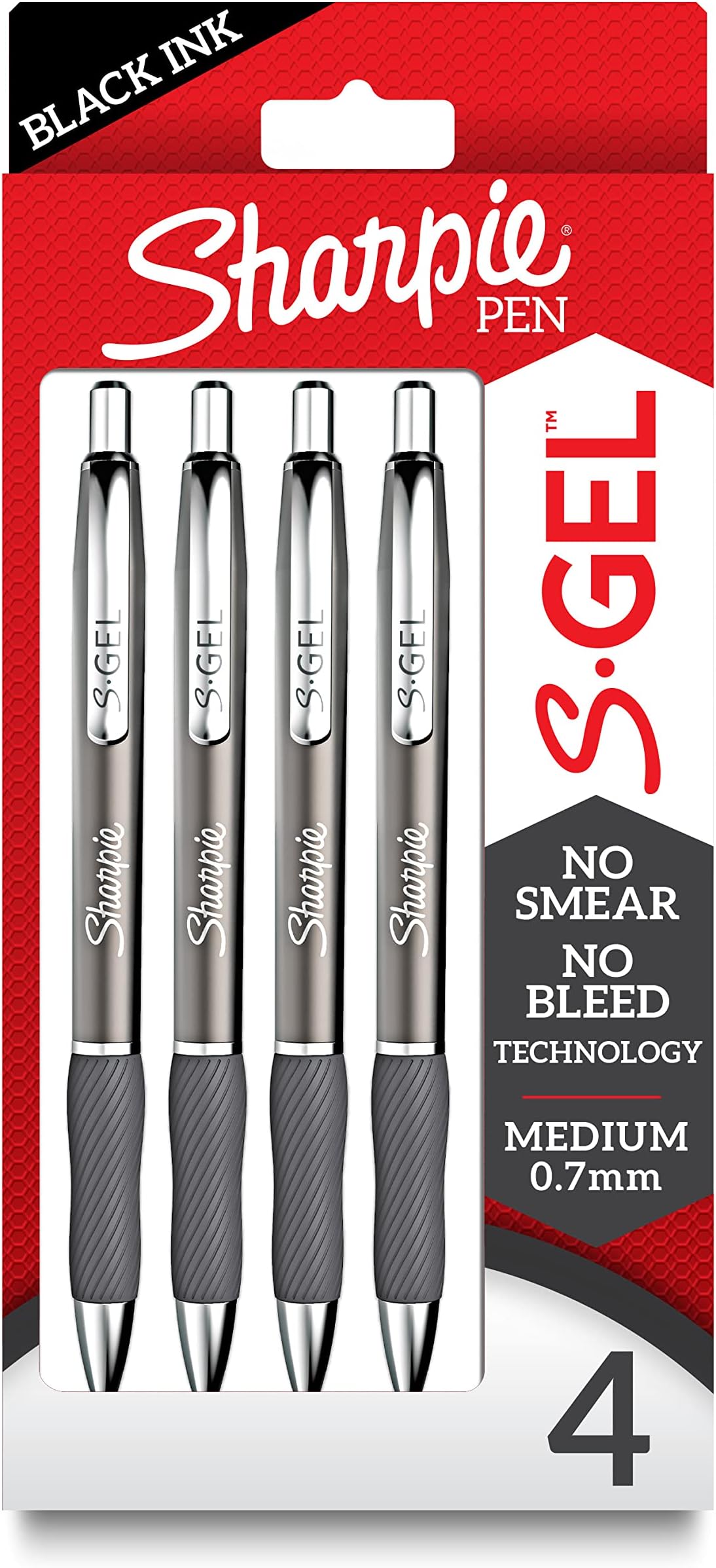 Gel Pens, Sleek Metal Barrel, Gunmetal, Medium Point (0.7mm), Black Gel Ink, 4 Count