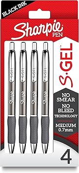 Sharpie S-Gel Pens, Sleek Metal Barrel, Gunmetal, Medium Point 0.7mm, Black Gel Ink, 4 Count